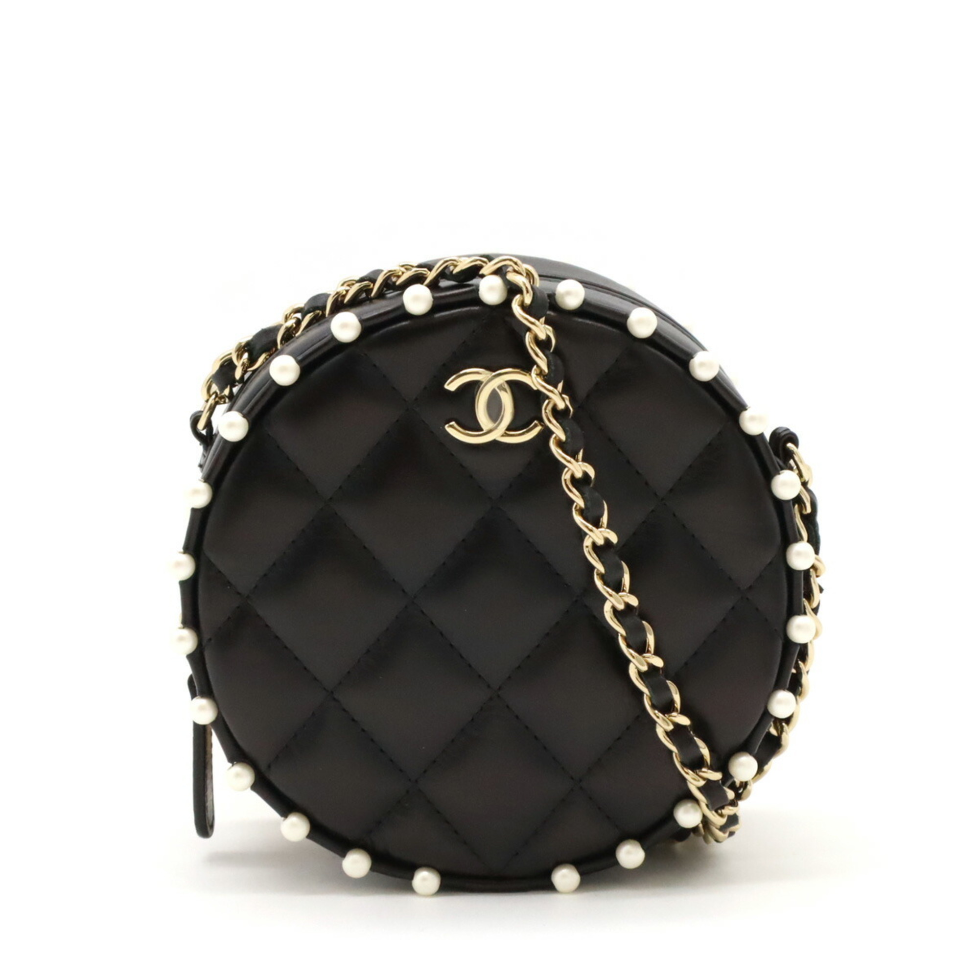 CHANEL Coco Mark Round Chain Shoulder Bag Faux Pearl Leather Black