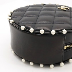 CHANEL Coco Mark Round Chain Shoulder Bag Faux Pearl Leather Black