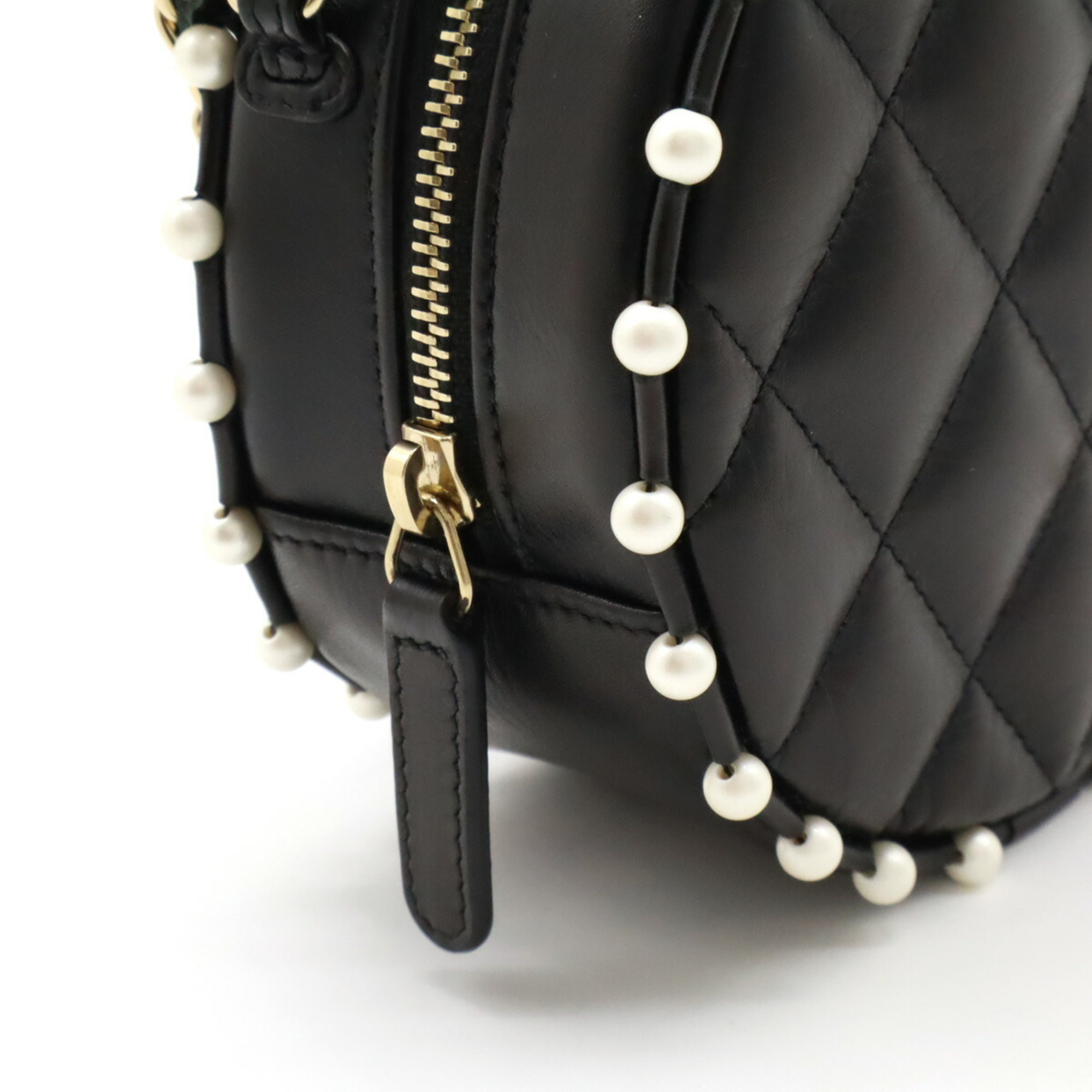 CHANEL Coco Mark Round Chain Shoulder Bag Faux Pearl Leather Black