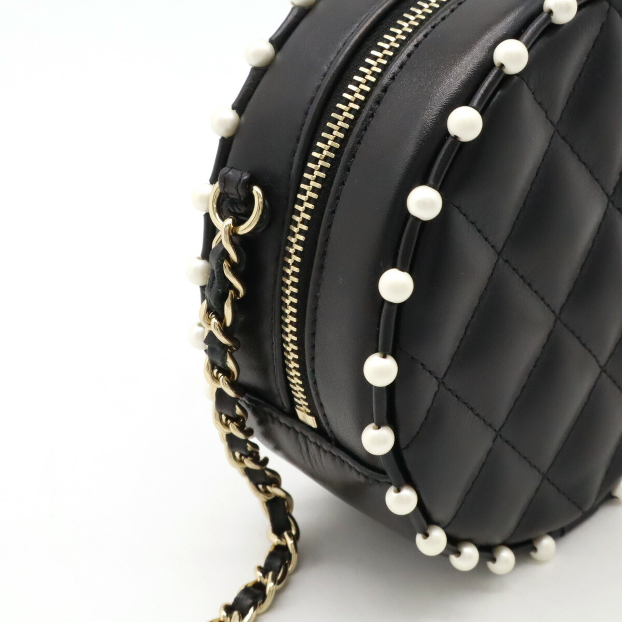 CHANEL Coco Mark Round Chain Shoulder Bag Faux Pearl Leather Black