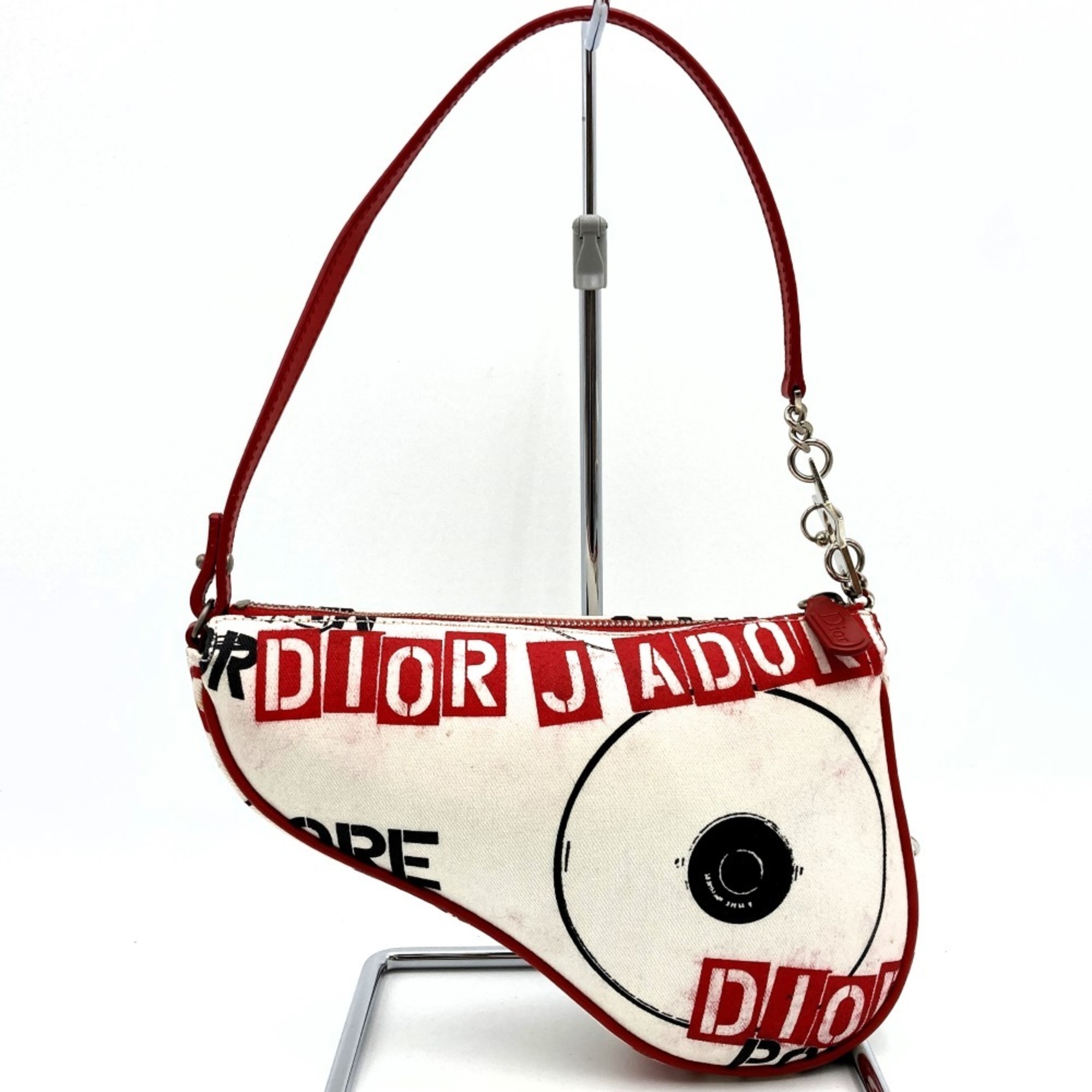 Christian Dior Dior BO A 0034 Saddle Bag Handbag Record Motif Multicolor Canvas Leather Women's