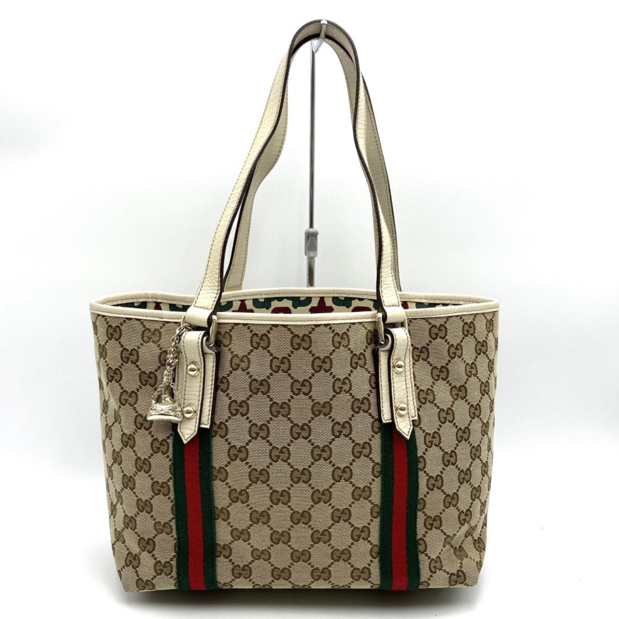 GUCCI 137396 Tote Bag Shoulder Sherry Line GG Canvas/Leather Beige White Women's