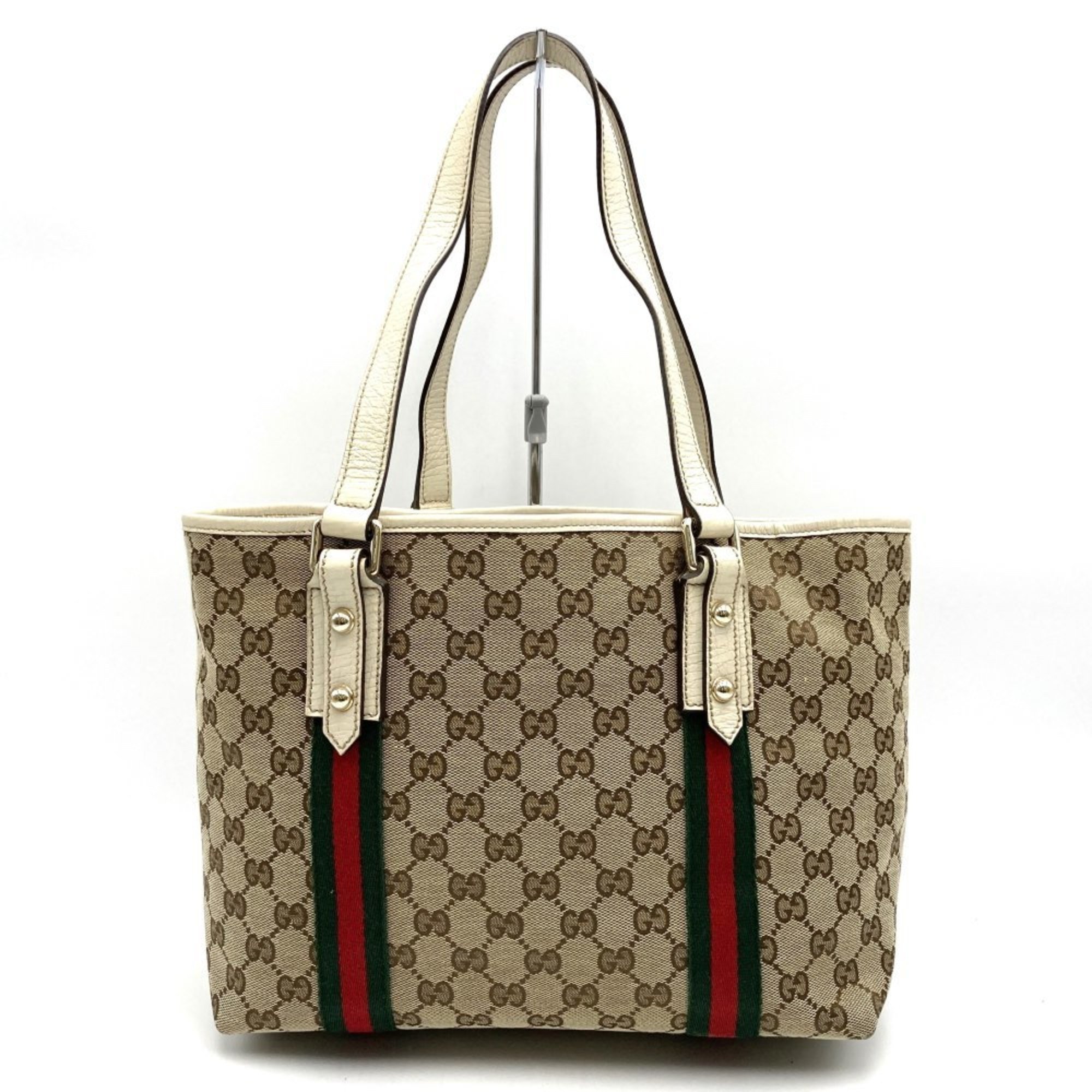 GUCCI 137396 Tote Bag Shoulder Sherry Line GG Canvas/Leather Beige White Women's