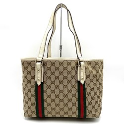 GUCCI 137396 Tote Bag Shoulder Sherry Line GG Canvas/Leather Beige White Women's