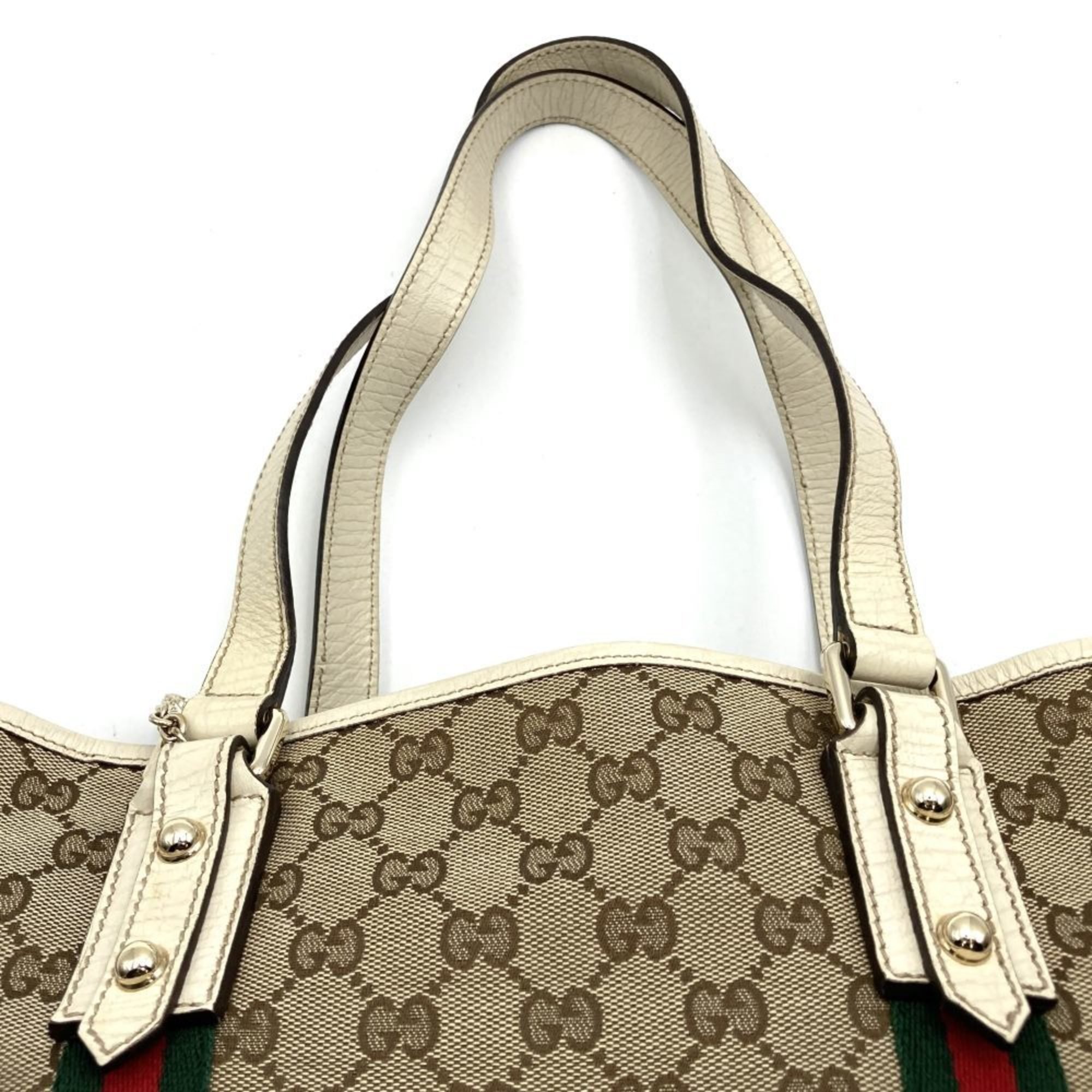 GUCCI 137396 Tote Bag Shoulder Sherry Line GG Canvas/Leather Beige White Women's