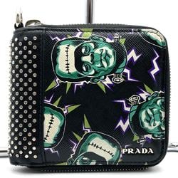 PRADA Bi-fold Wallet Compact Frankenstein Studs Black Green Leather