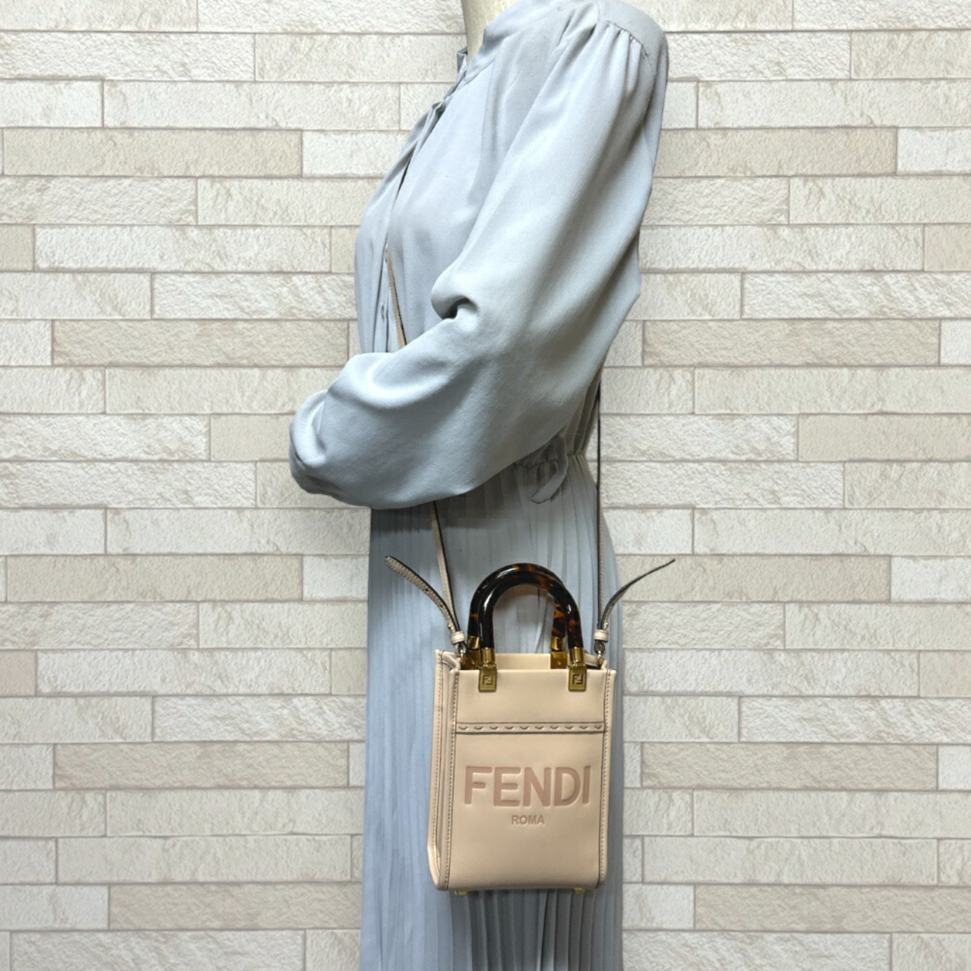 FENDI Sunshine Shopper Shoulder Bag Leather 8BS051 ABVL Beige Women's