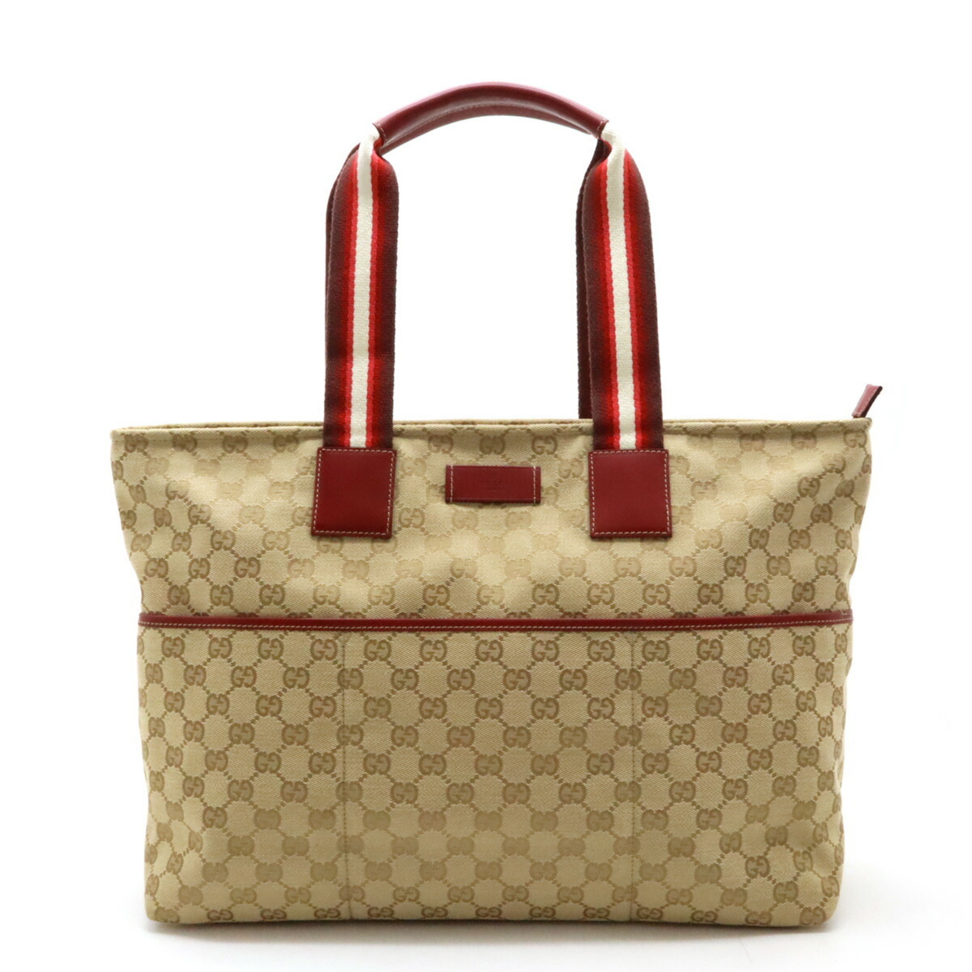 GUCCI GG Canvas Leather Mother's Bag Tote Large Shoulder Khaki Beige Red 155524