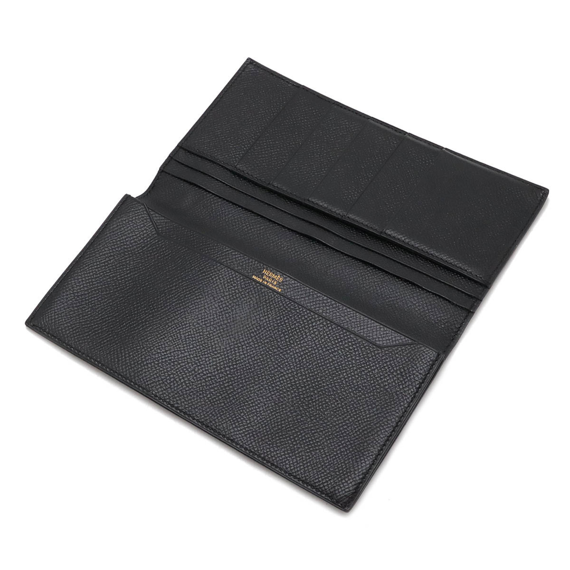 HERMES Osaka Long Billfold Bi-Fold Wallet Cushvel Leather Black