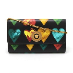 VERSACE Medusa Heart Chain Wallet Shoulder Bag Clutch Leather Black Multicolor