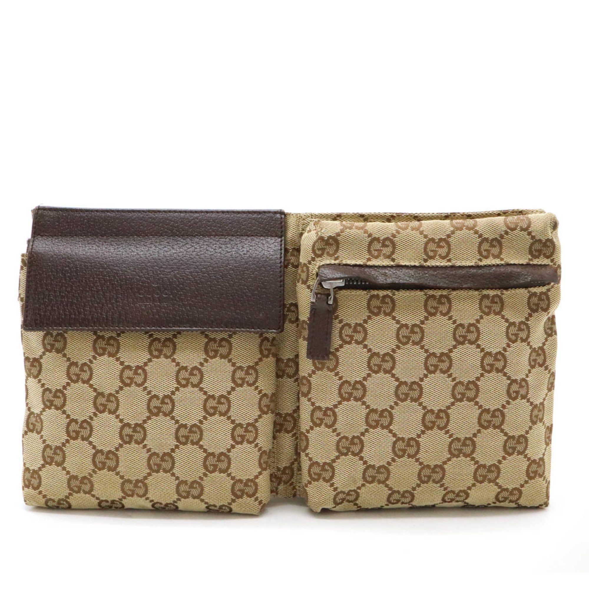 GUCCI GG canvas body bag, waist pouch, hip leather, khaki beige, dark brown, brown 28566