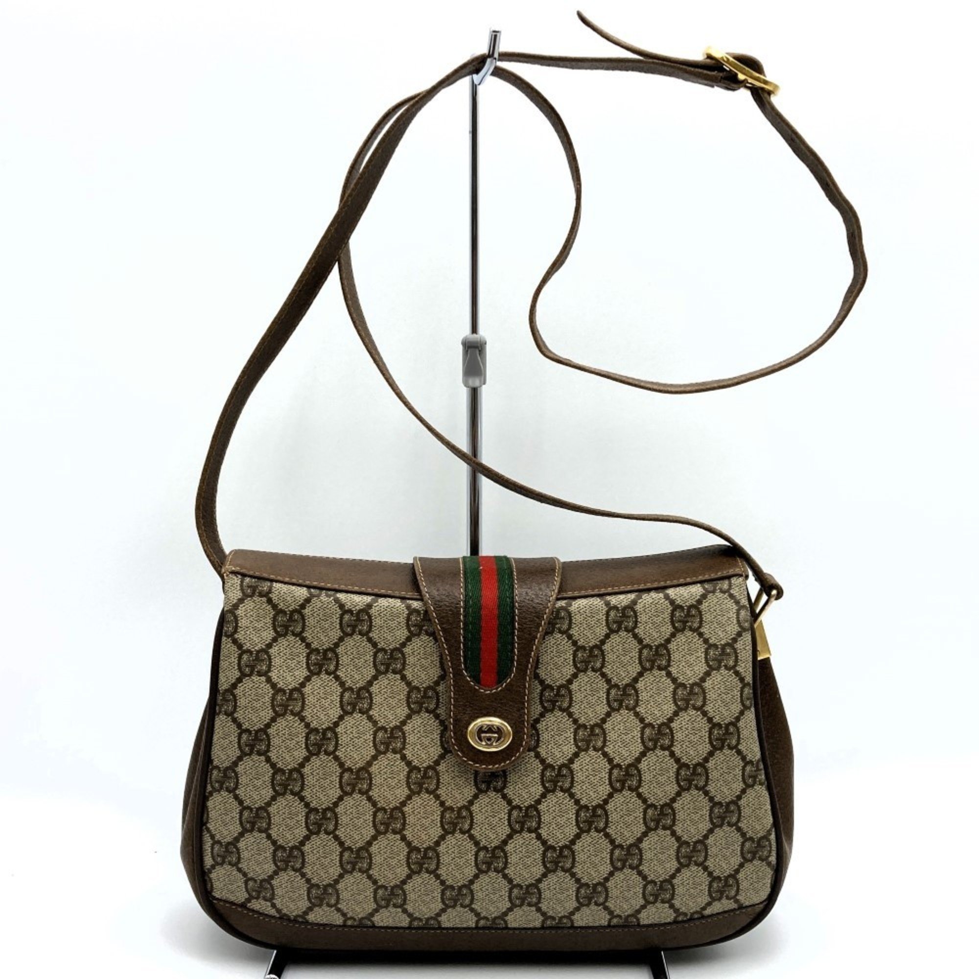 GUCCI 116 02 089 Old Gucci Shoulder Bag GG Supreme Sherry Line Brown Leather Women's