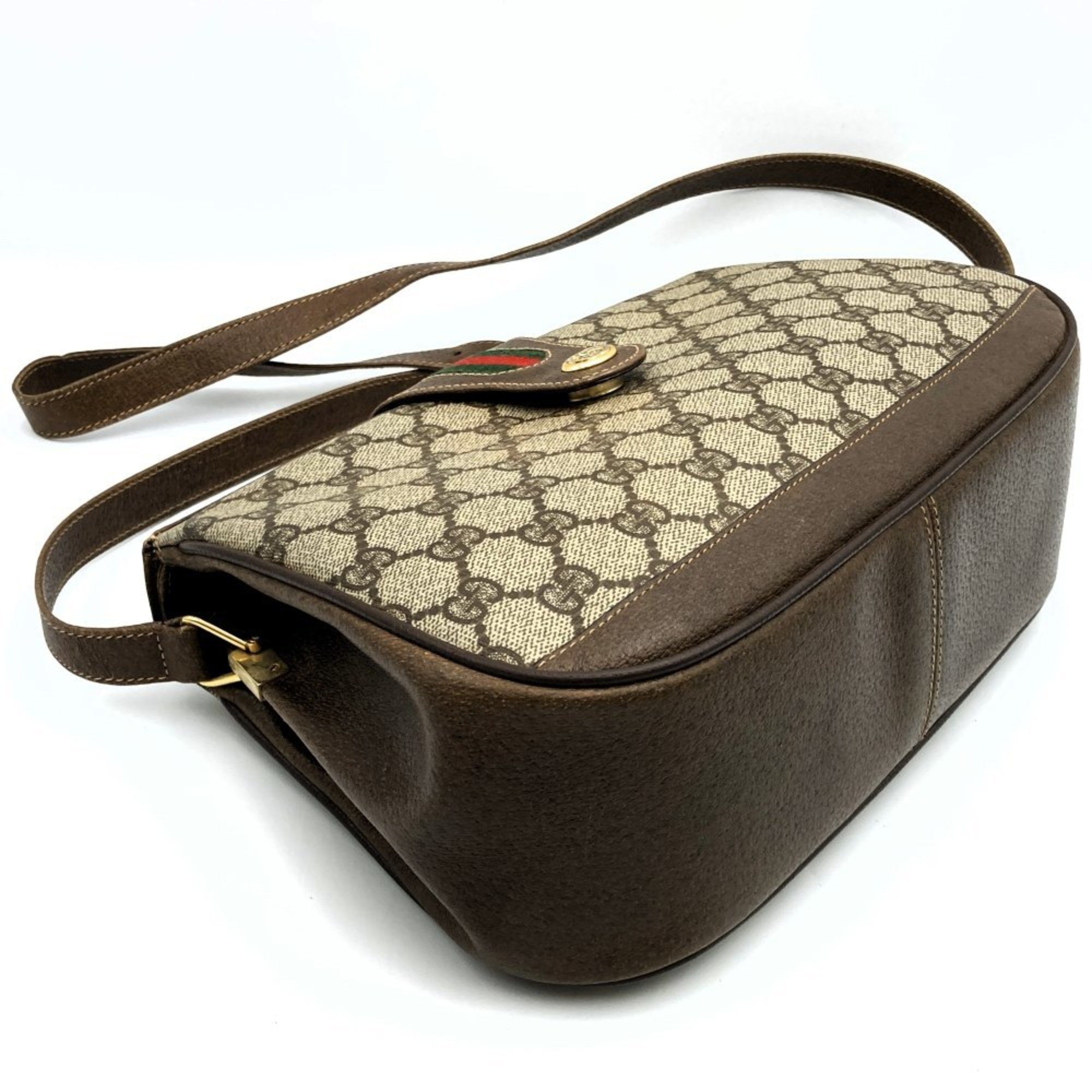 GUCCI 116 02 089 Old Gucci Shoulder Bag GG Supreme Sherry Line Brown Leather Women's