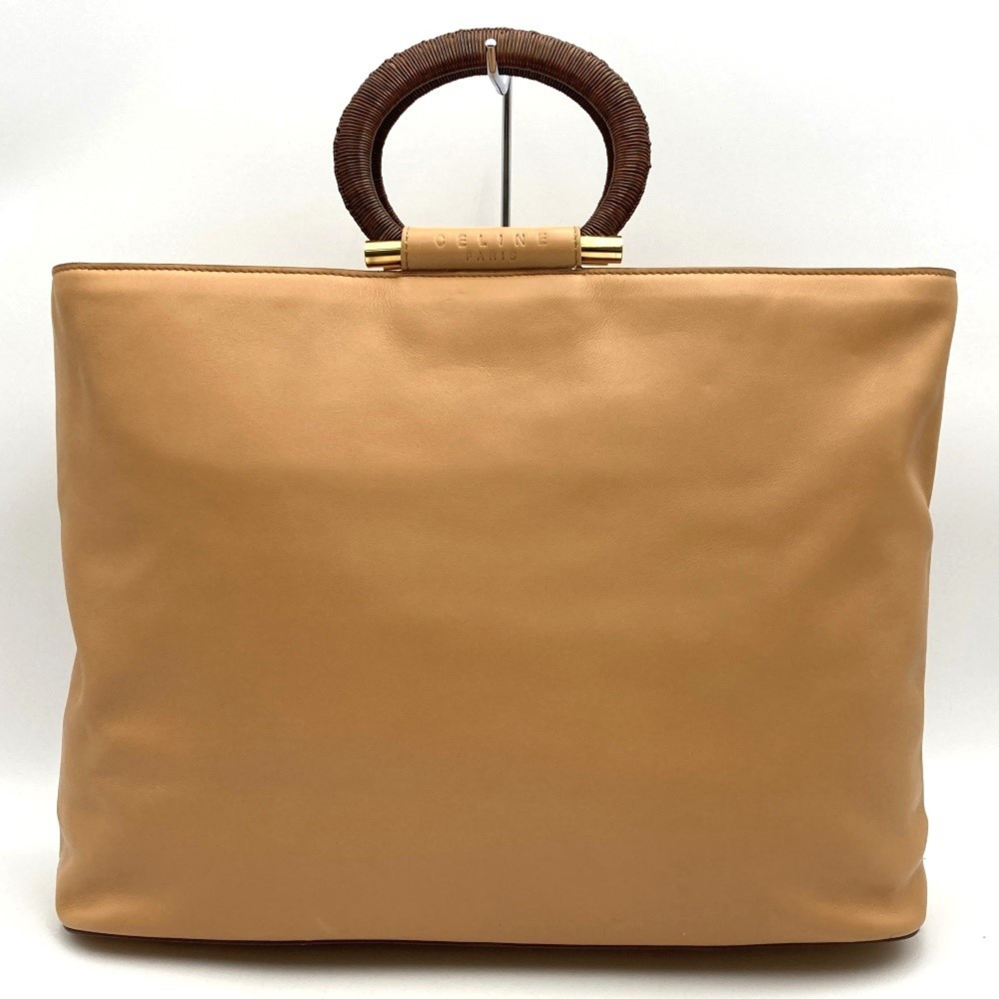 CELINE MC98 1 Tote Bag Handbag Circle Handle Leather Beige Orange Women's