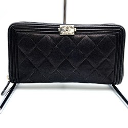 CHANEL Boy Chanel Matelasse Caviar Skin Long Wallet Round Black Leather Women's Men's