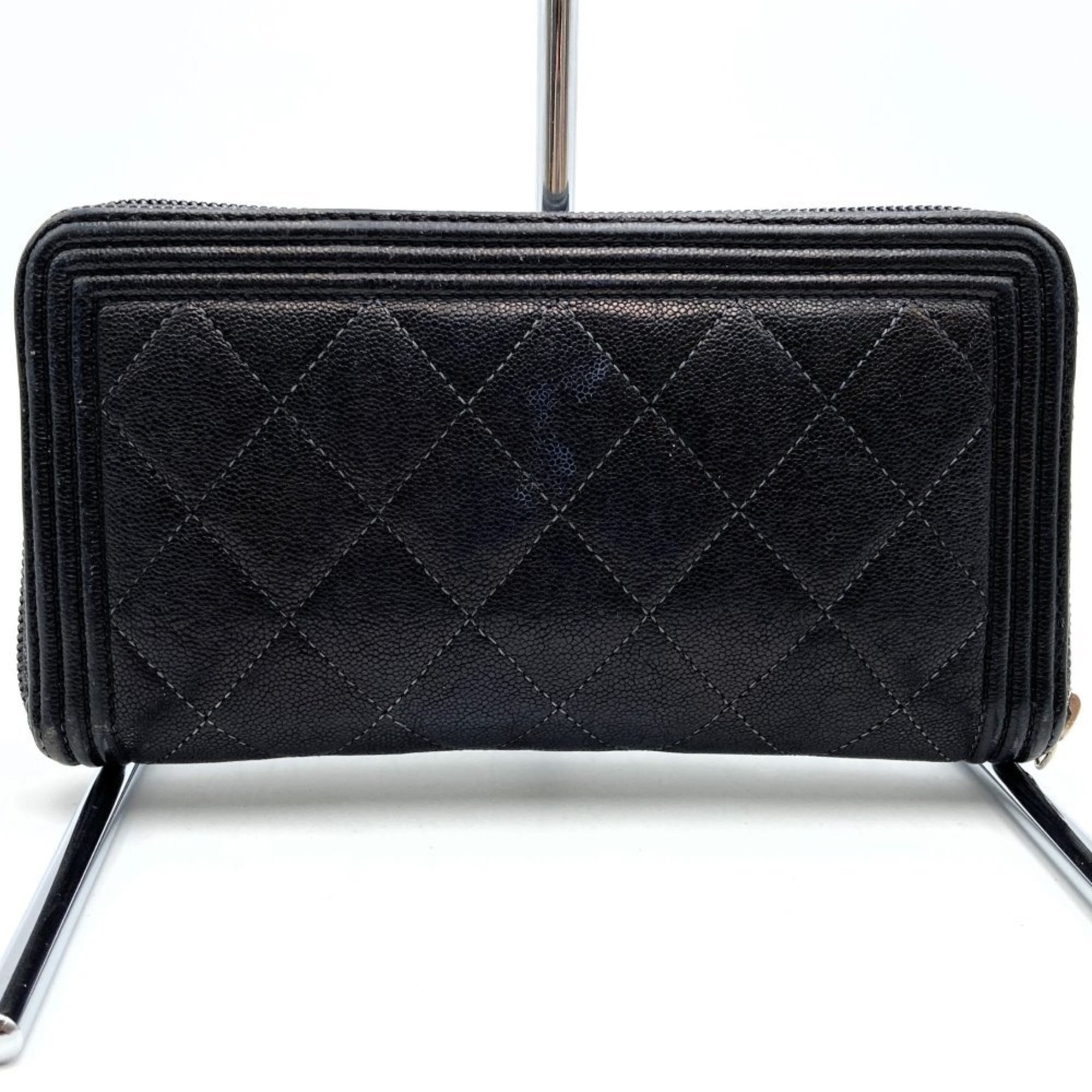 CHANEL Boy Chanel Matelasse Caviar Skin Long Wallet Round Black Leather Women's Men's