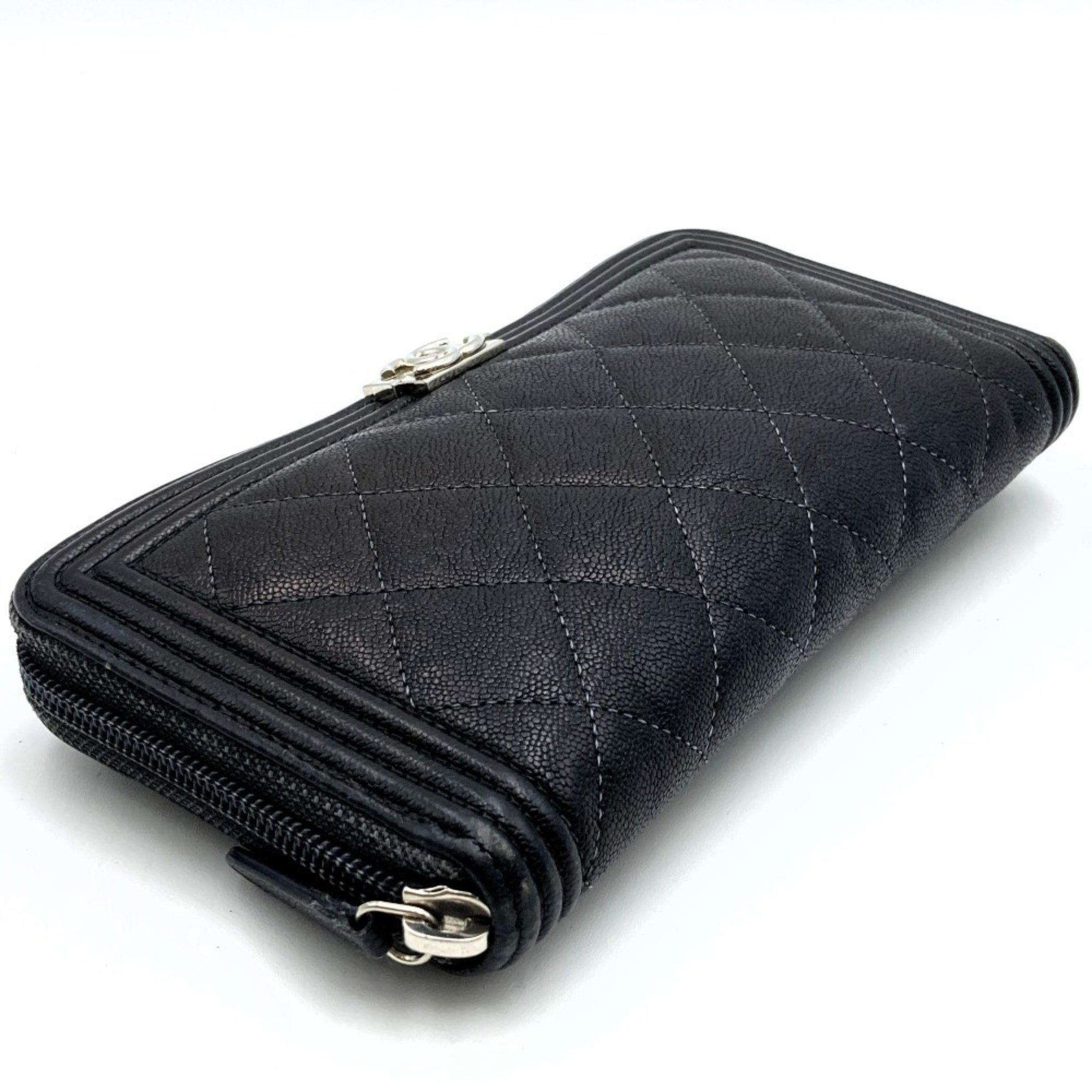 CHANEL Boy Chanel Matelasse Caviar Skin Long Wallet Round Black Leather Women's Men's