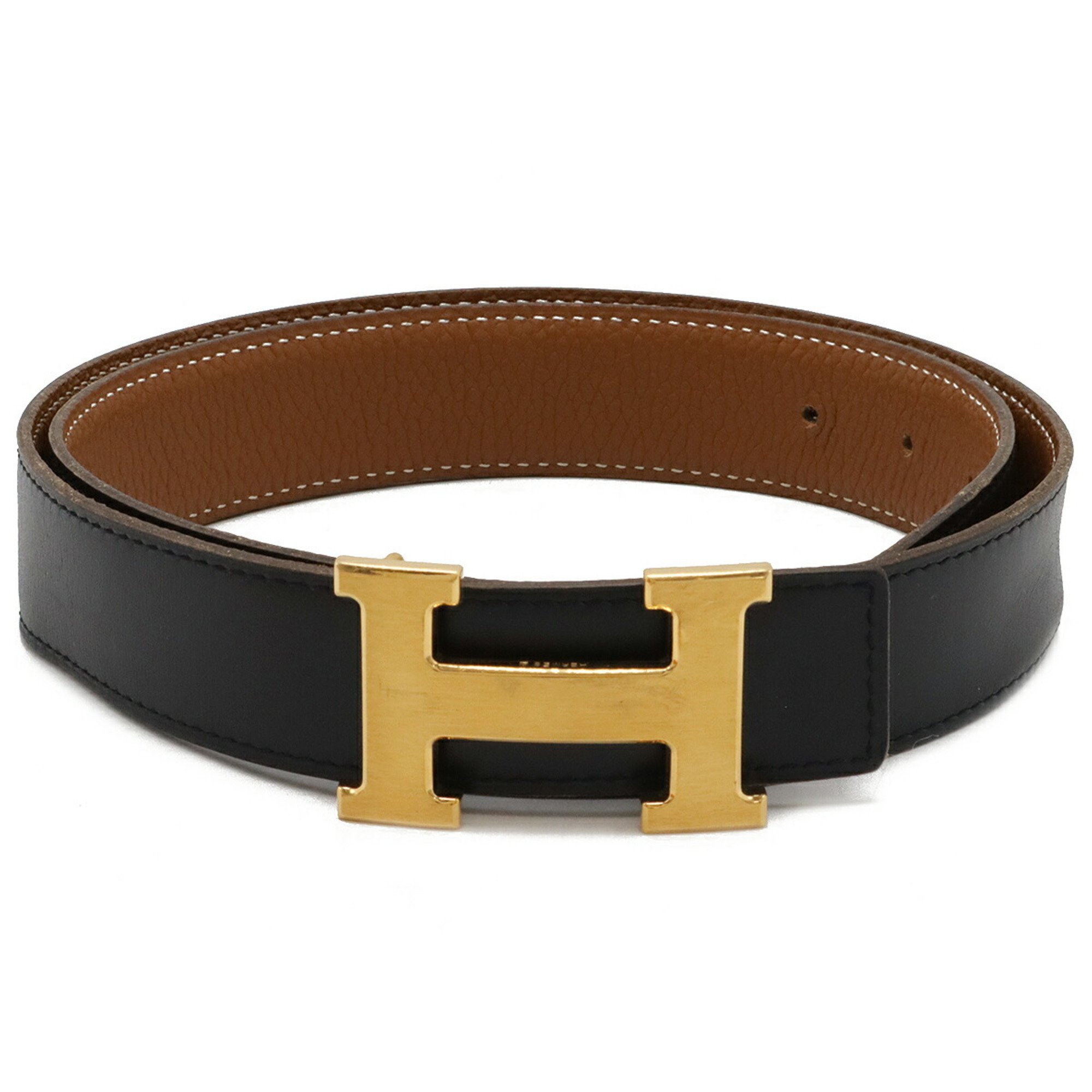 HERMES Hermes H Buckle Belt Reversible Leather Black Brown #85 □H Engraved