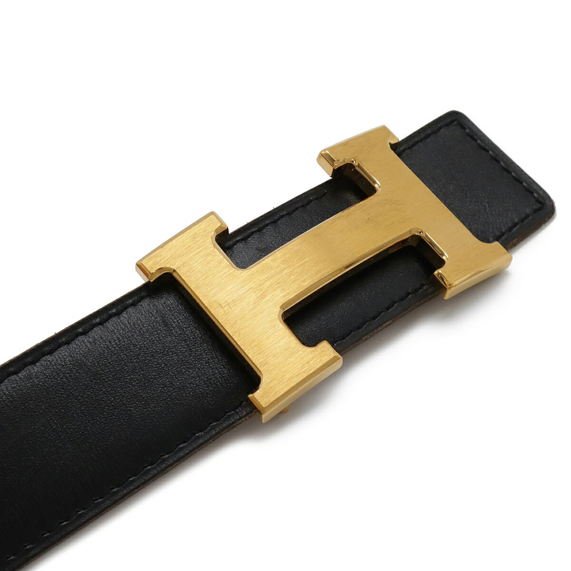 HERMES Hermes H Buckle Belt Reversible Leather Black Brown #85 □H Engraved