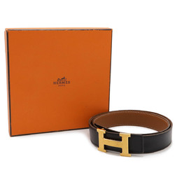 HERMES Hermes H Buckle Belt Reversible Leather Black Brown #85 □H Engraved