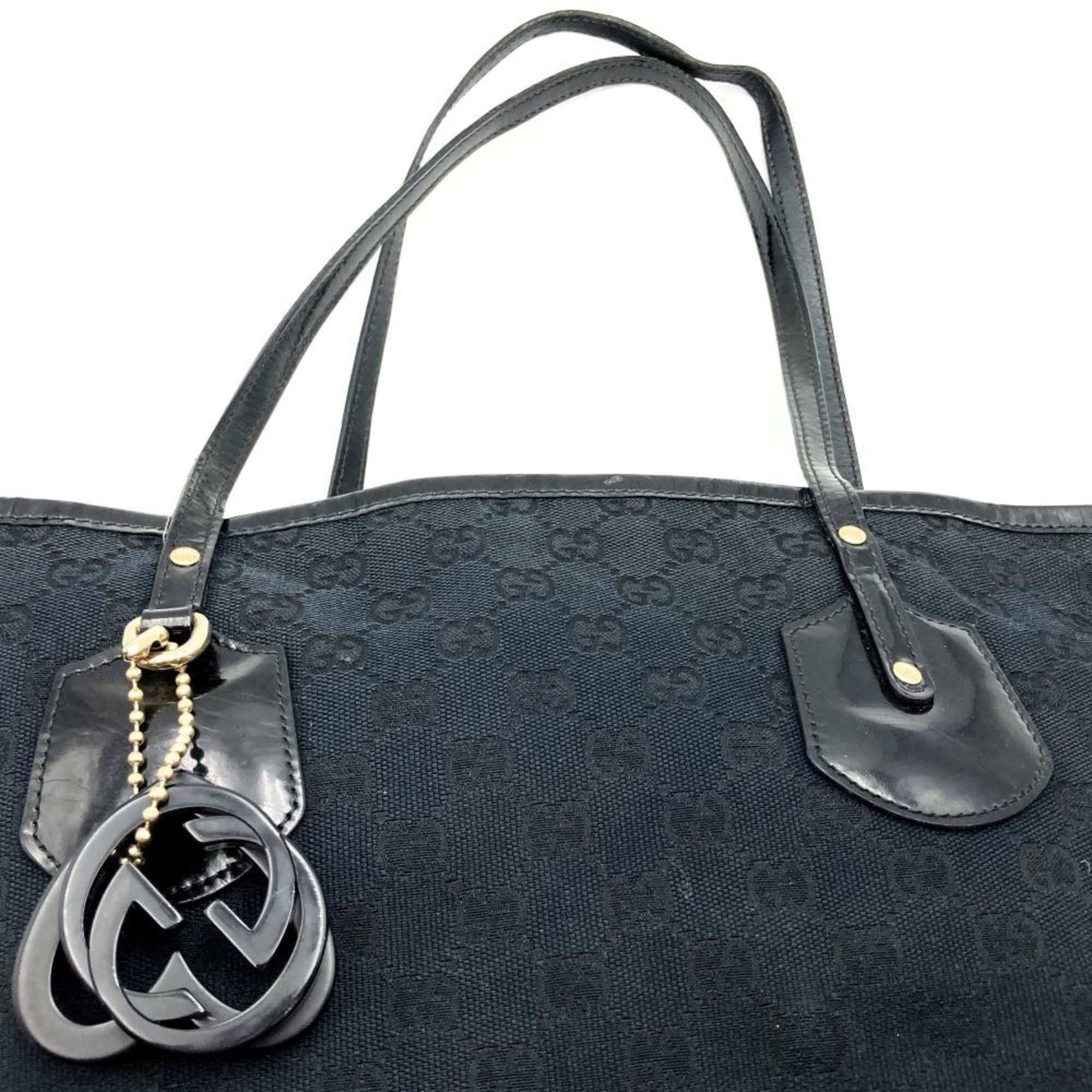 GUCCI 211976 Tote Bag Handbag Black GG Canvas Leather Enamel Heart Charm Women's