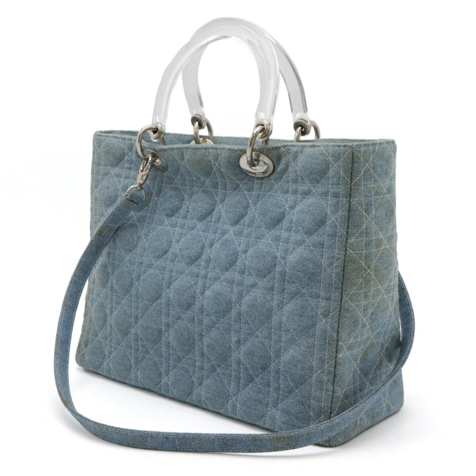 Christian Dior Lady Cannage Handbag Shoulder Bag Denim Light Blue Clear