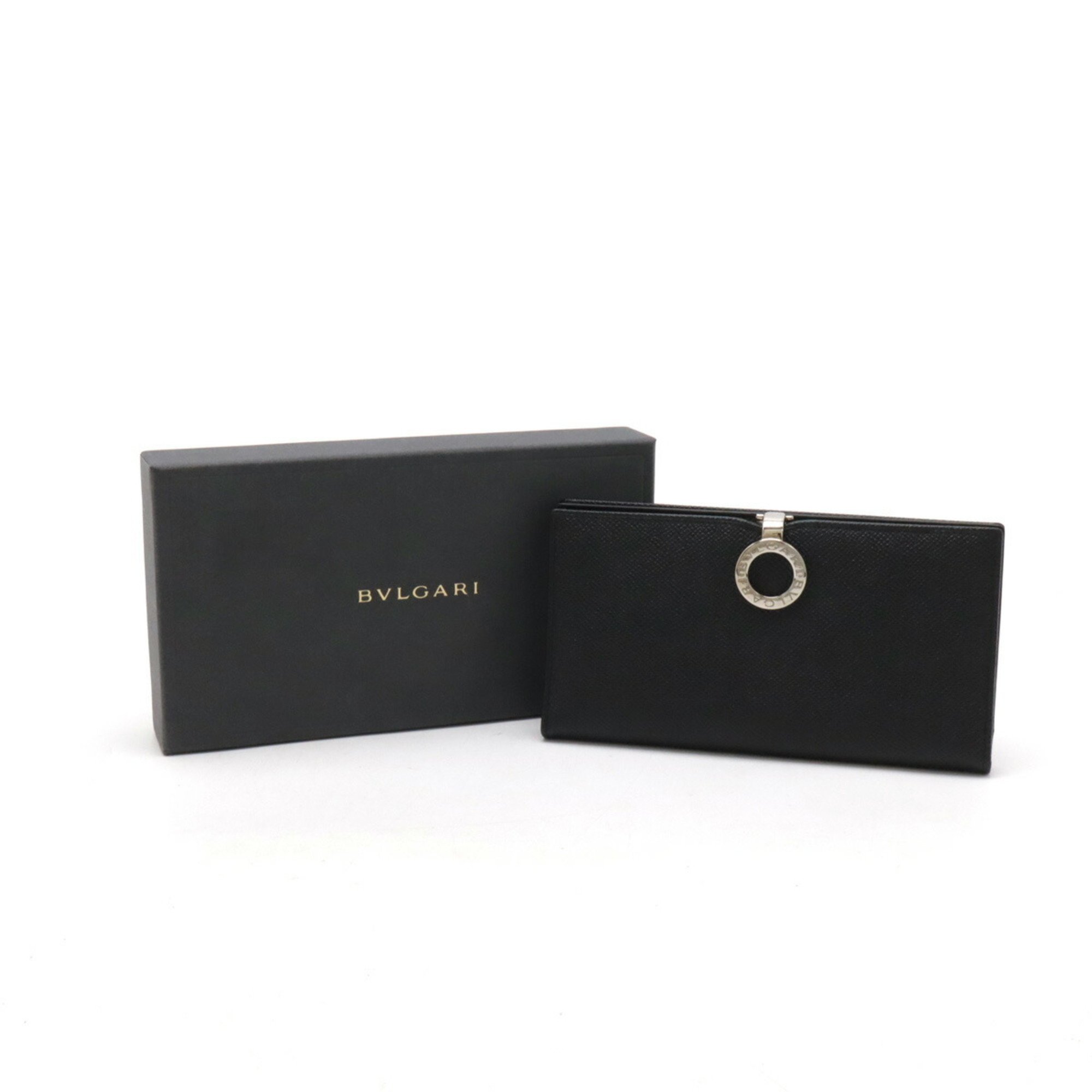 BVLGARI Clip Bi-fold Billfold Long Wallet Grain Leather Black 23295