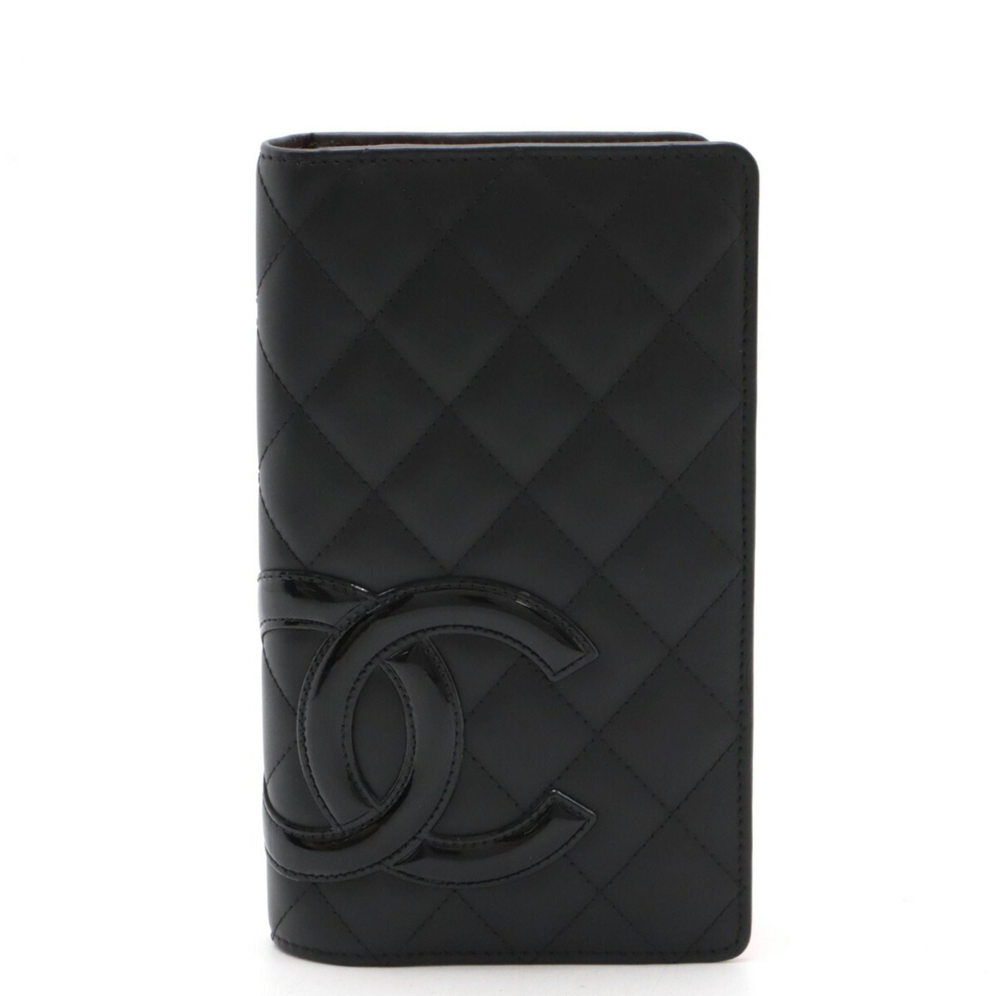 CHANEL Cambon Line Coco Mark Bi-fold Long Wallet Soft Calf Leather Enamel Black A26717