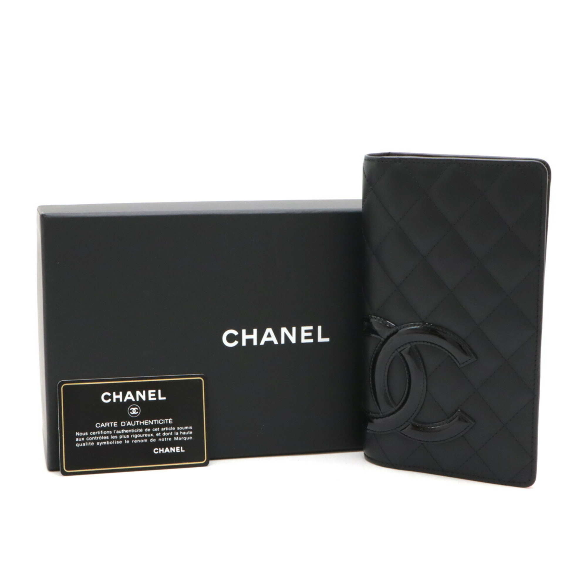 CHANEL Cambon Line Coco Mark Bi-fold Long Wallet Soft Calf Leather Enamel Black A26717