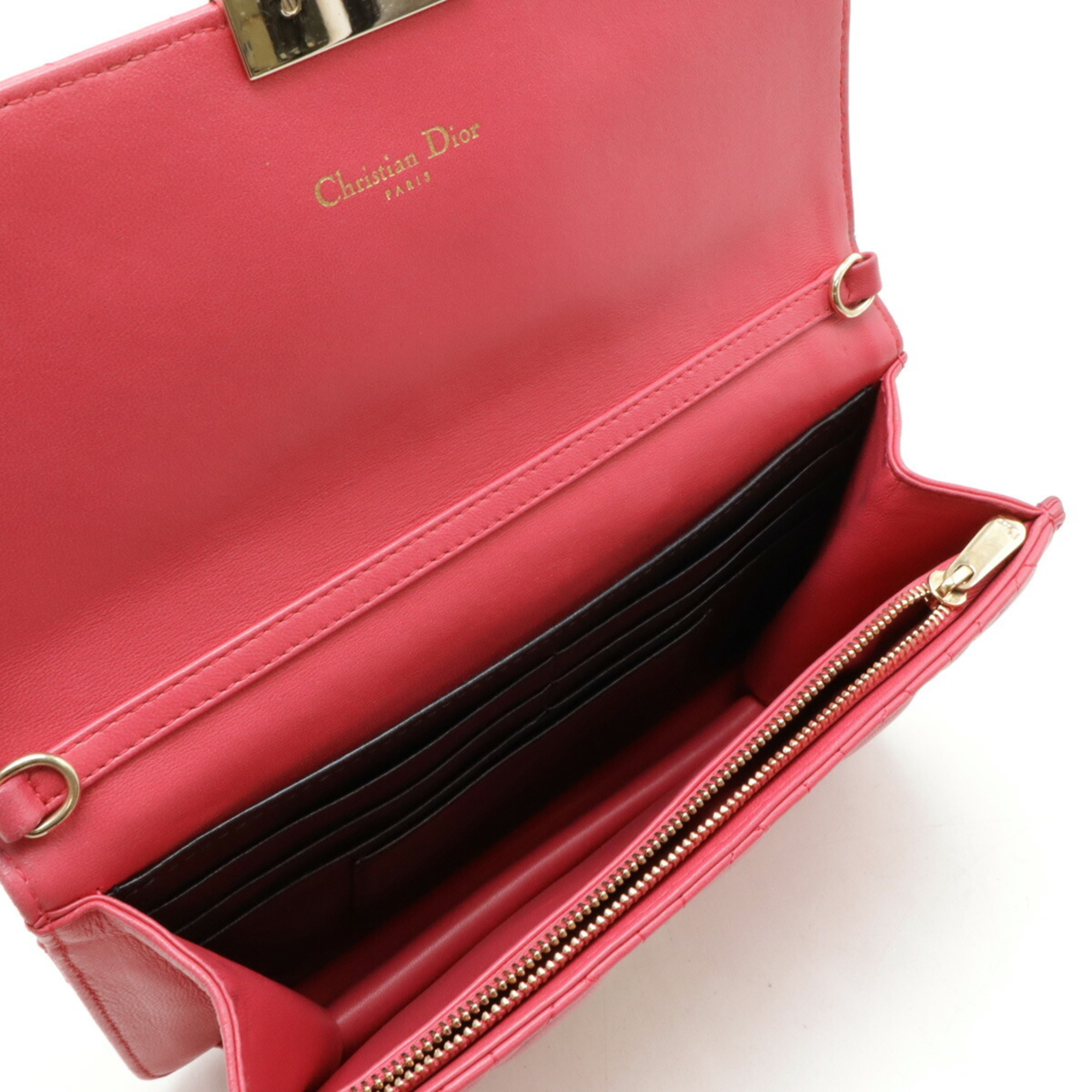 Christian Dior Cannage New Rock Chain Wallet Clutch Bag Leather Fuchsia Pink