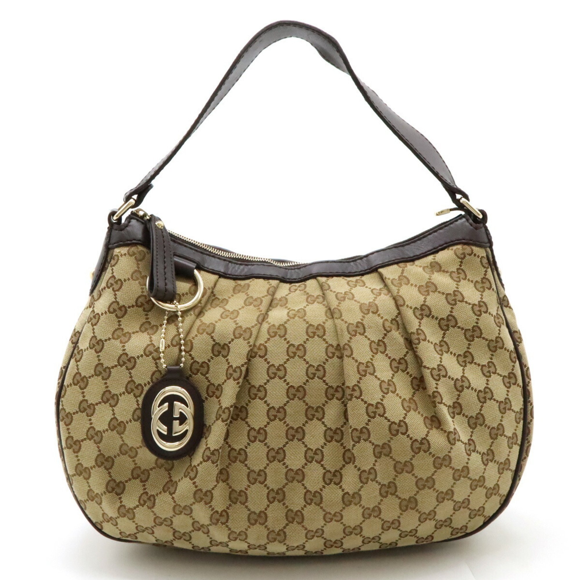 GUCCI Sukey GG canvas shoulder bag, leather, khaki beige, dark brown, 232955