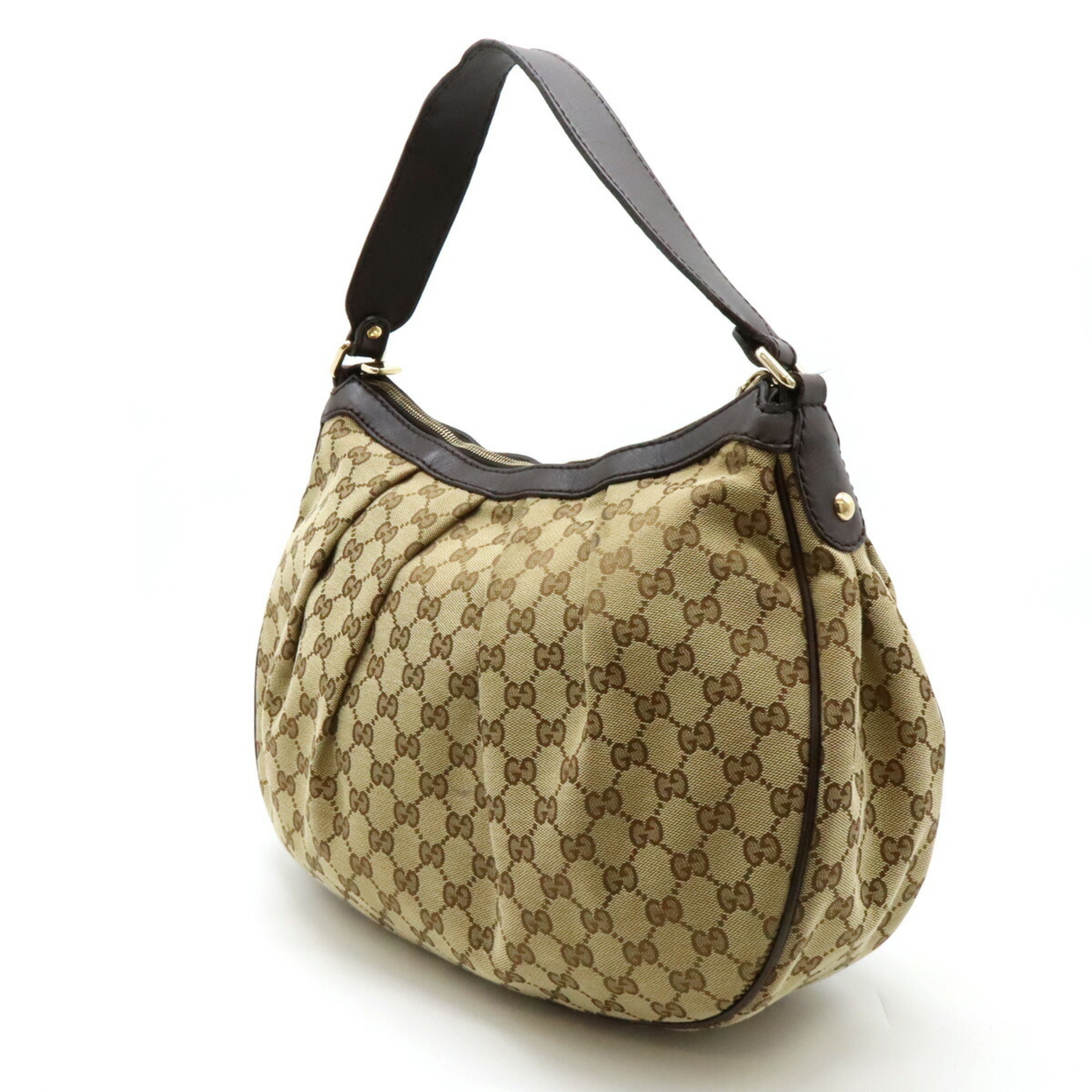 GUCCI Sukey GG canvas shoulder bag, leather, khaki beige, dark brown, 232955