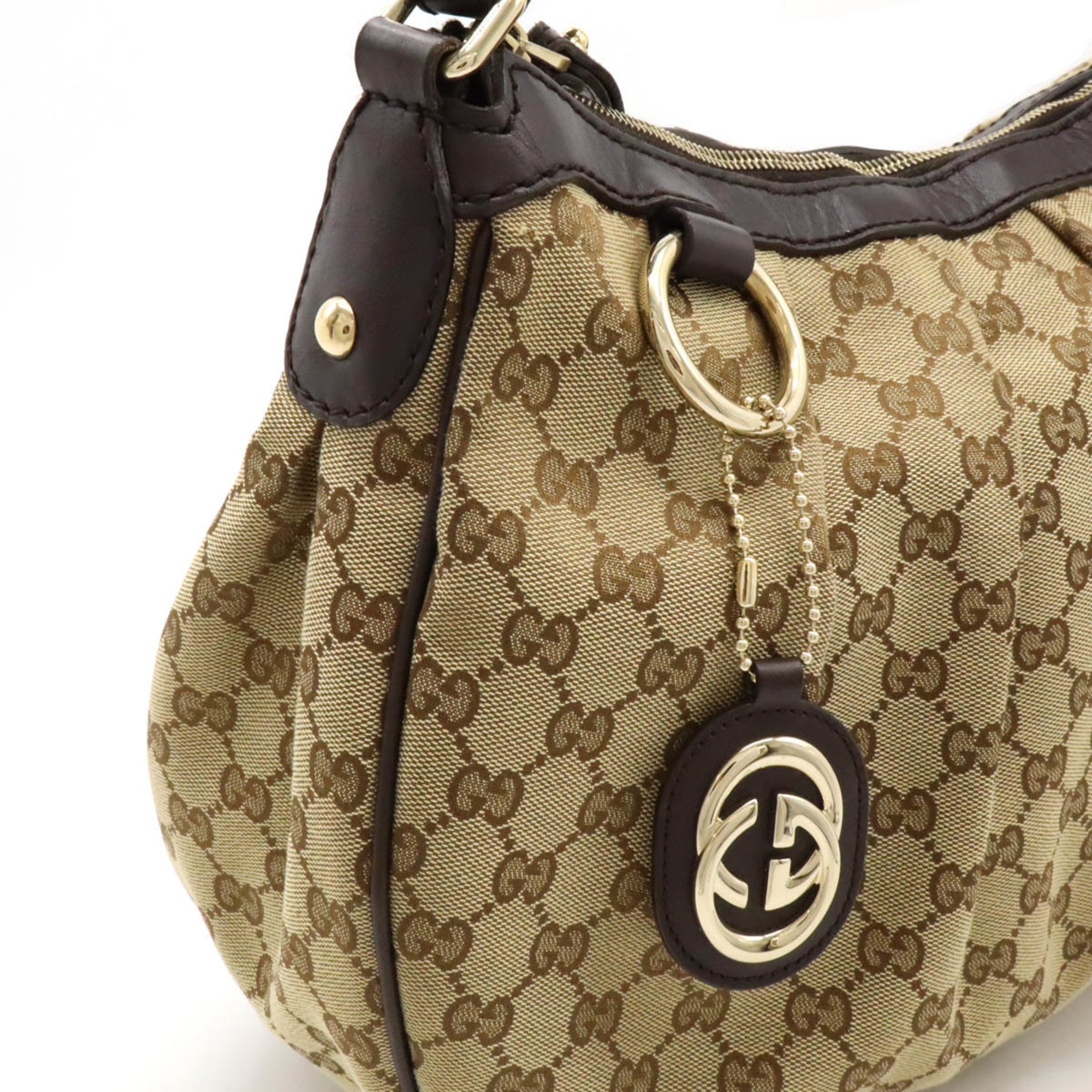 GUCCI Sukey GG canvas shoulder bag, leather, khaki beige, dark brown, 232955