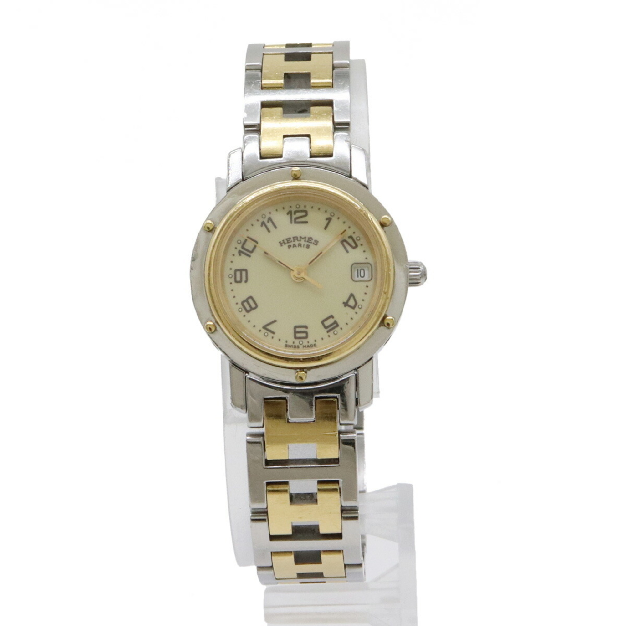 HERMES Clipper Date Ivory Dial SS GP Combi Ladies Quartz Watch CL4.220