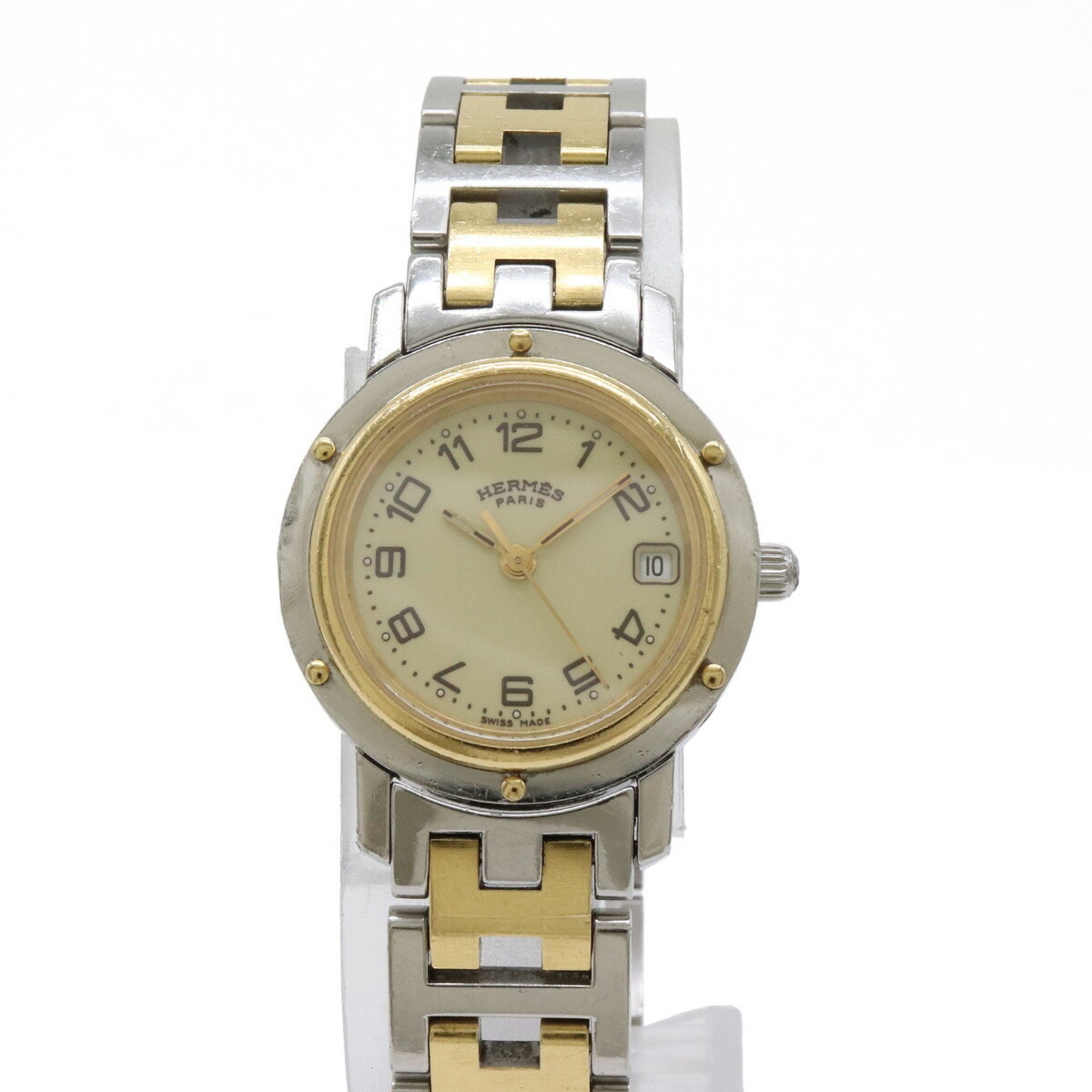 HERMES Clipper Date Ivory Dial SS GP Combi Ladies Quartz Watch CL4.220