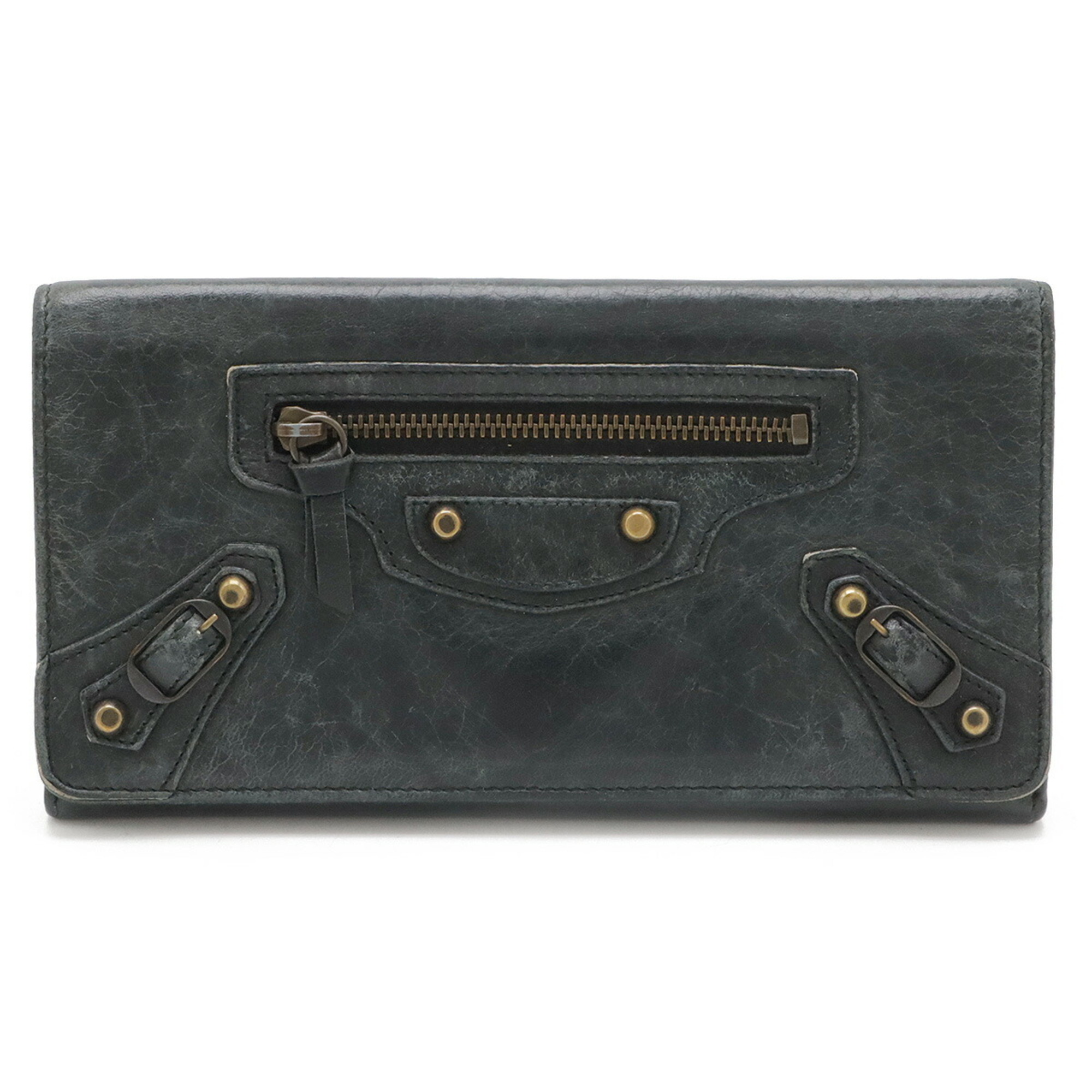 BALENCIAGA CLASSIC MONEY Bi-fold long wallet in leather, black and green, 163471