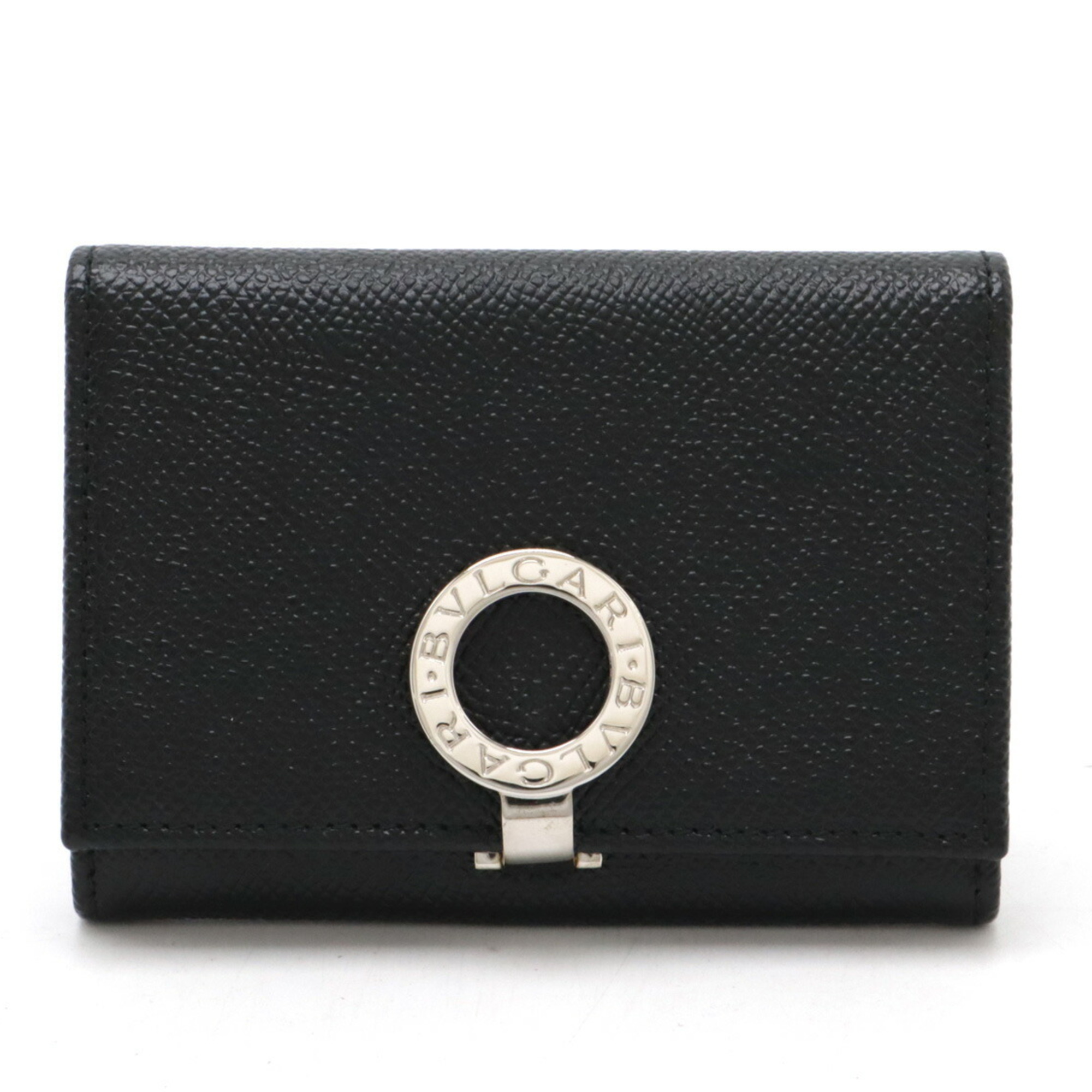 BVLGARI Clip Card Case Business Holder Pass ID Grain Leather Black 30420