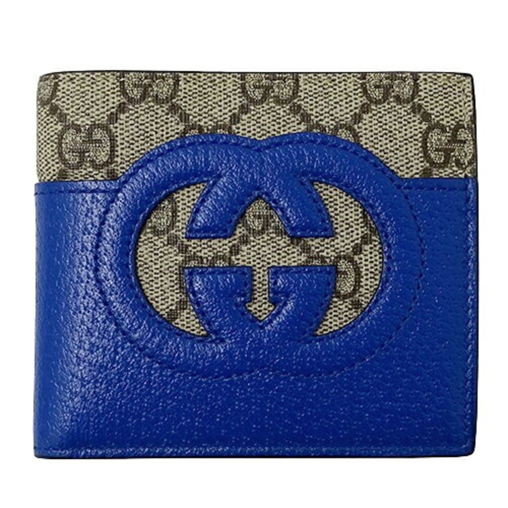 Gucci Men's Wallet, Bi-fold Cut-out Interlocking G Coin GG Supreme Leather, Brown, Blue, 701417, Compact Wallet