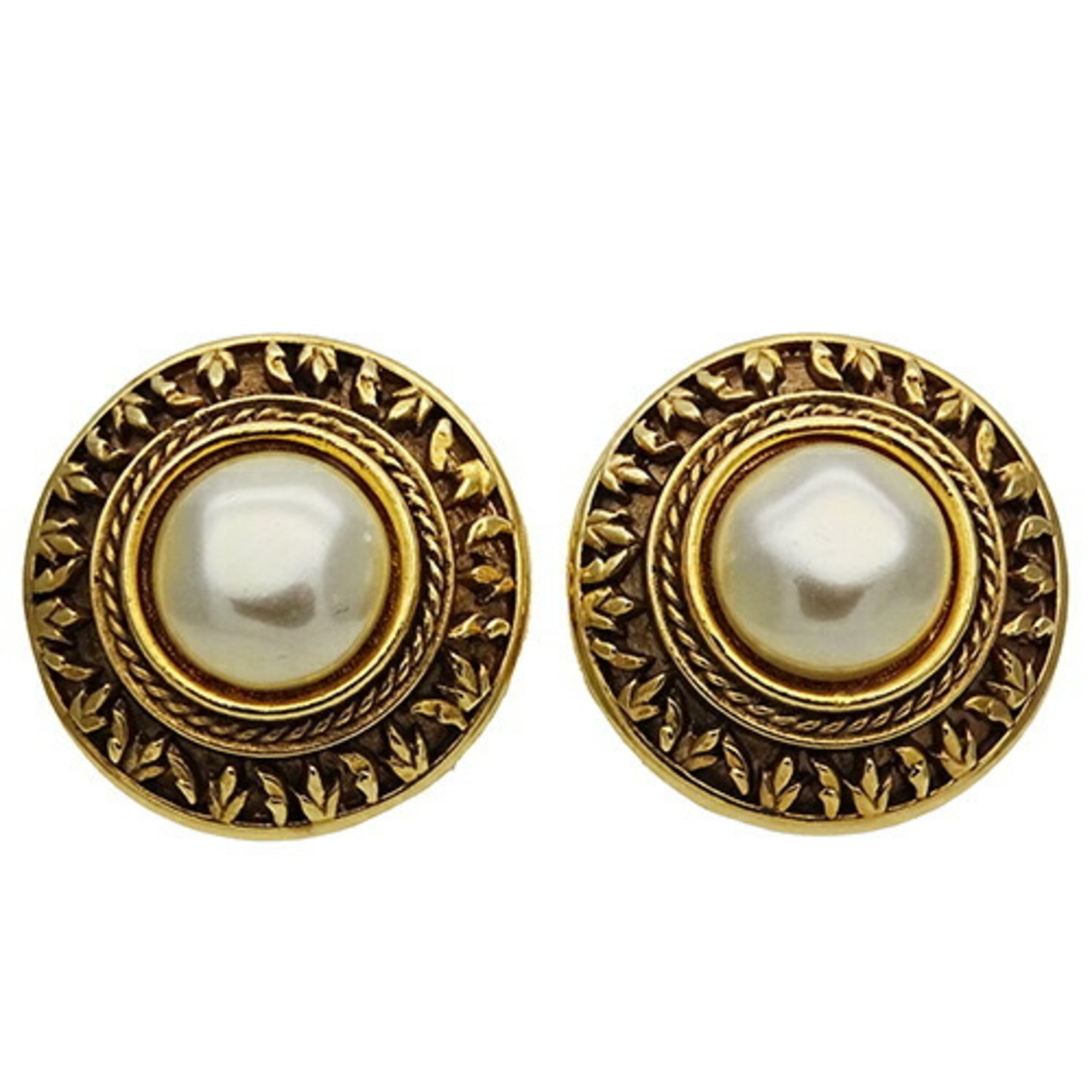 CHANEL Round Earrings for Women, Gold, Faux Pearl