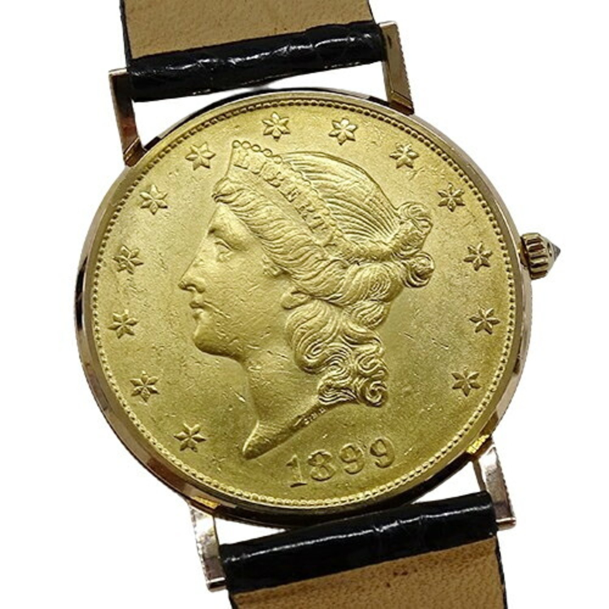 CORUM Men's Coin Watch $20 Double Eagle Hand-wound 750YG Leather Gold Black Overhauled and Polished