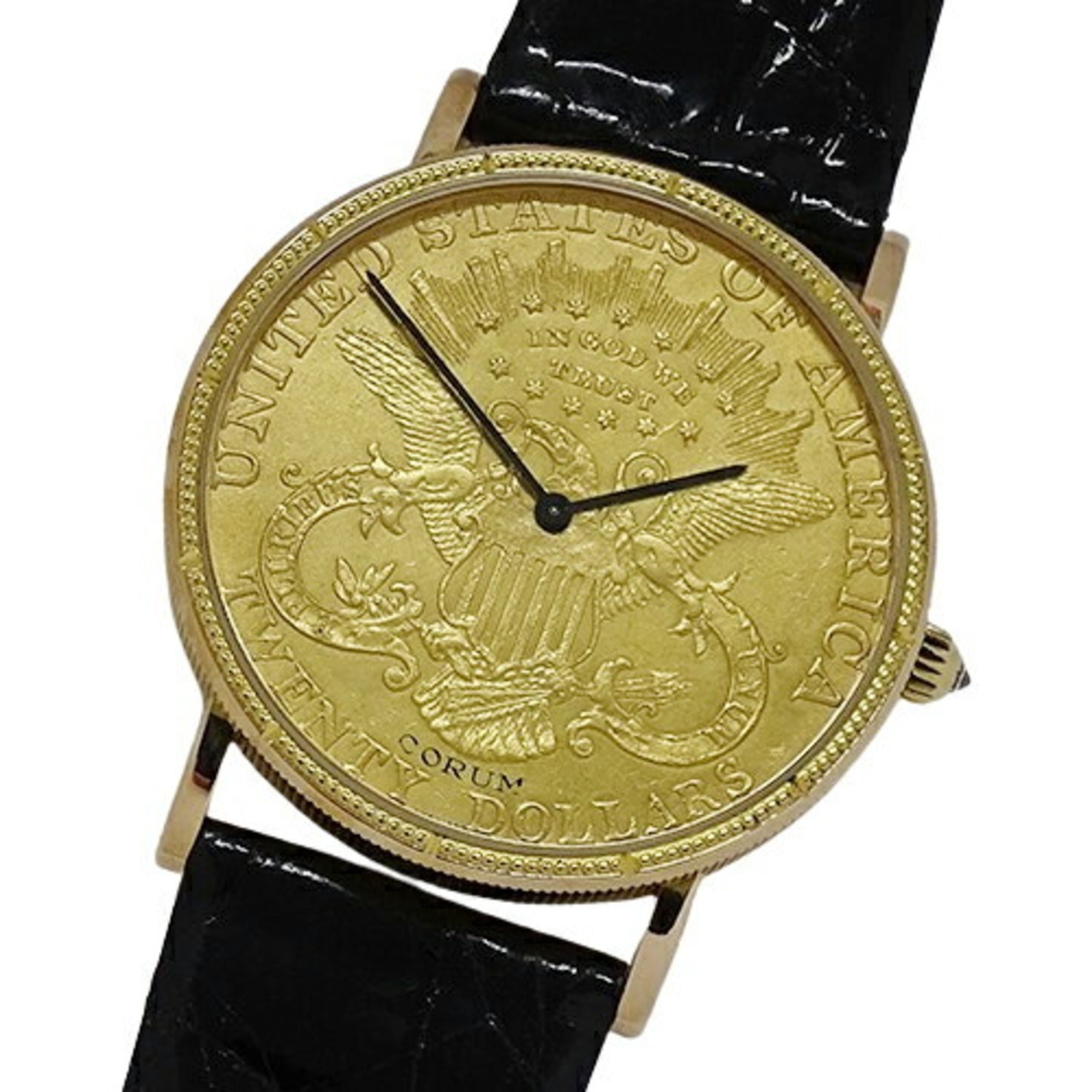 CORUM Men's Coin Watch $20 Double Eagle Hand-wound 750YG Leather Gold Black Overhauled and Polished