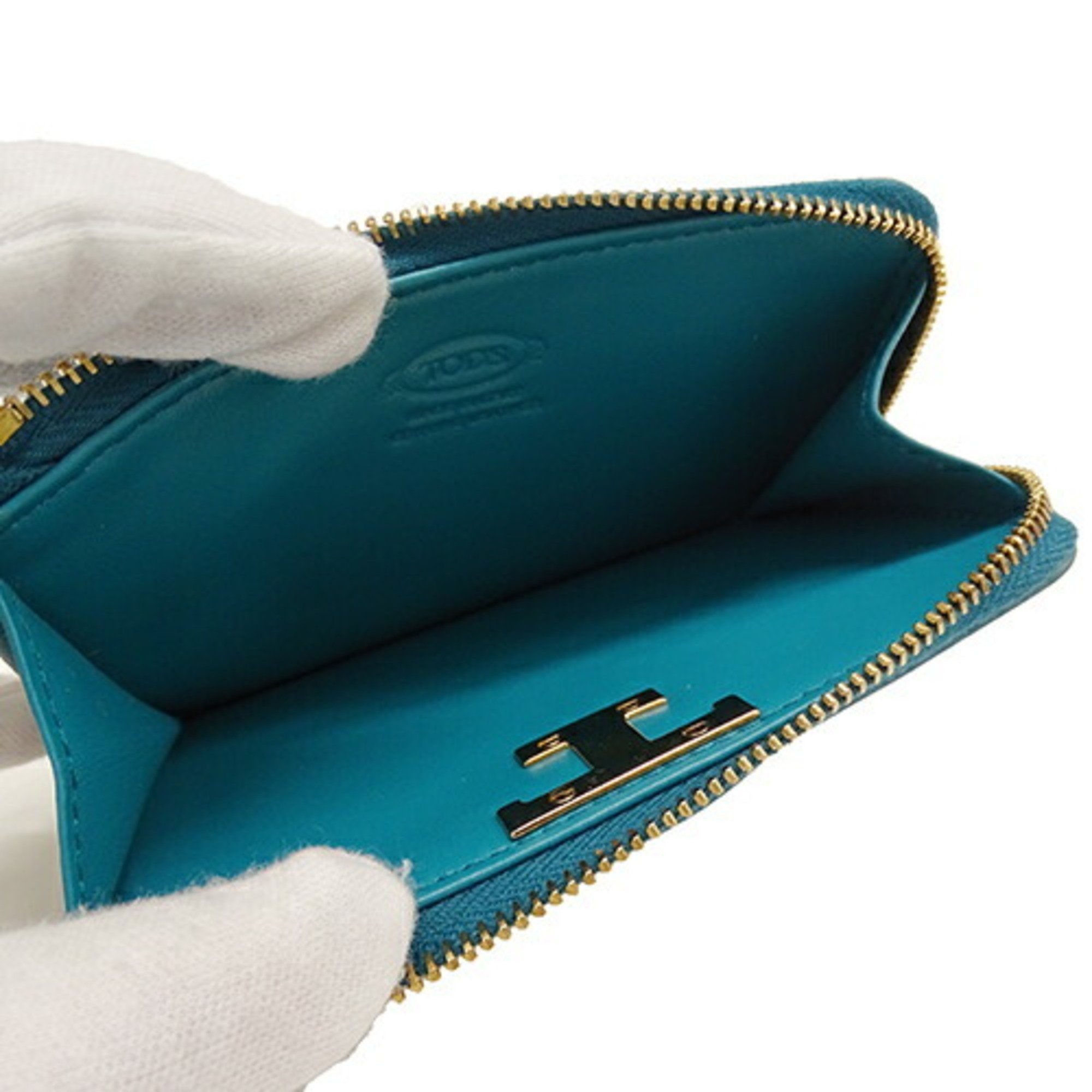 Tod's Pouch Women's Coin Case Card Calf Leather T Timeless Green Blue