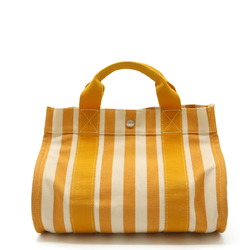 HERMES Cannes PM Tote Bag Handbag Canvas Stripe Natural Yellow