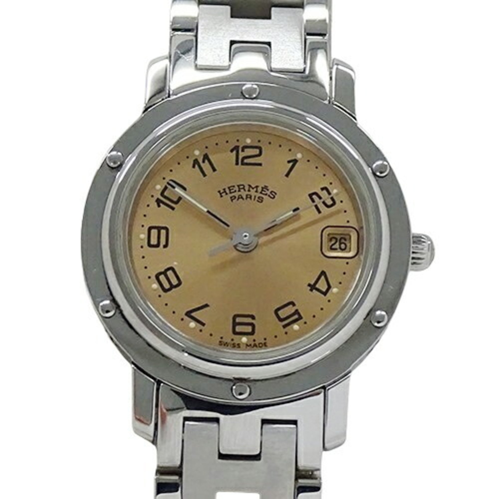 Hermes HERMES Watch Ladies Clipper Date Quartz Stainless Steel SS CL4.210 Silver Orange Polished