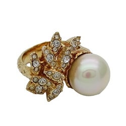 Christian Dior Dior ring for women, fake pearl, rhinestone, gold, size 13, impressive presence