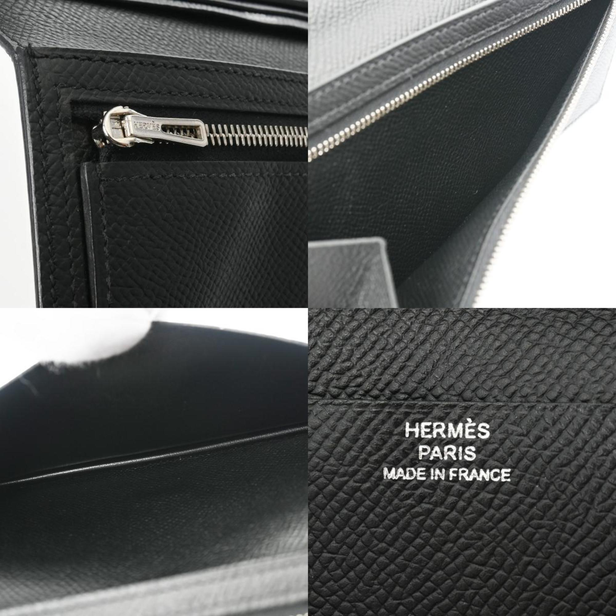 HERMES Bearn Soufflet Black A Stamp (around 2017) Unisex Epsom Leather Long Wallet