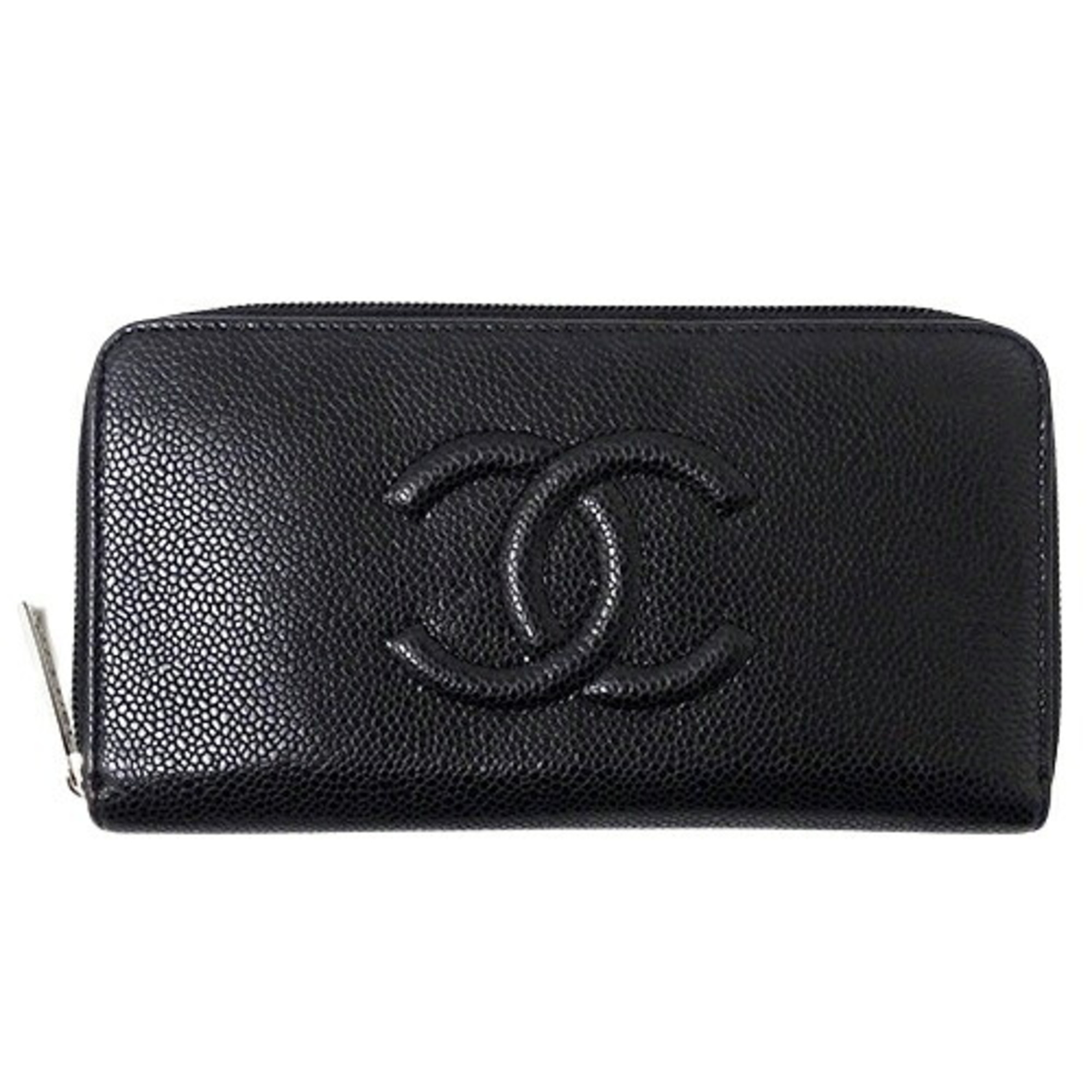 CHANEL Wallet for Women, Long Wallet, Caviar Skin, Black, Round