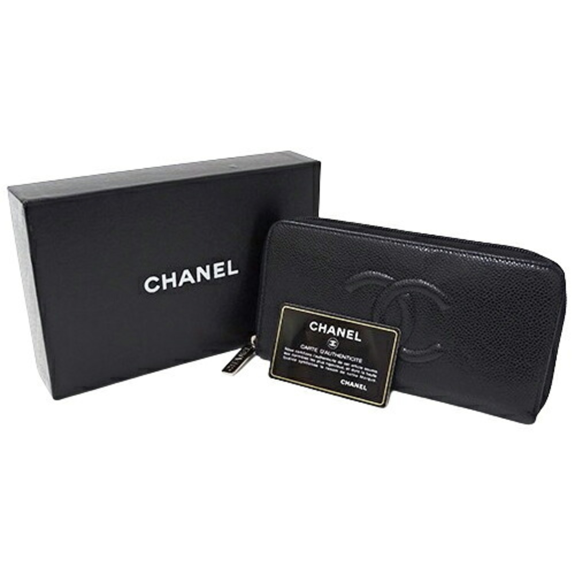 CHANEL Wallet for Women, Long Wallet, Caviar Skin, Black, Round