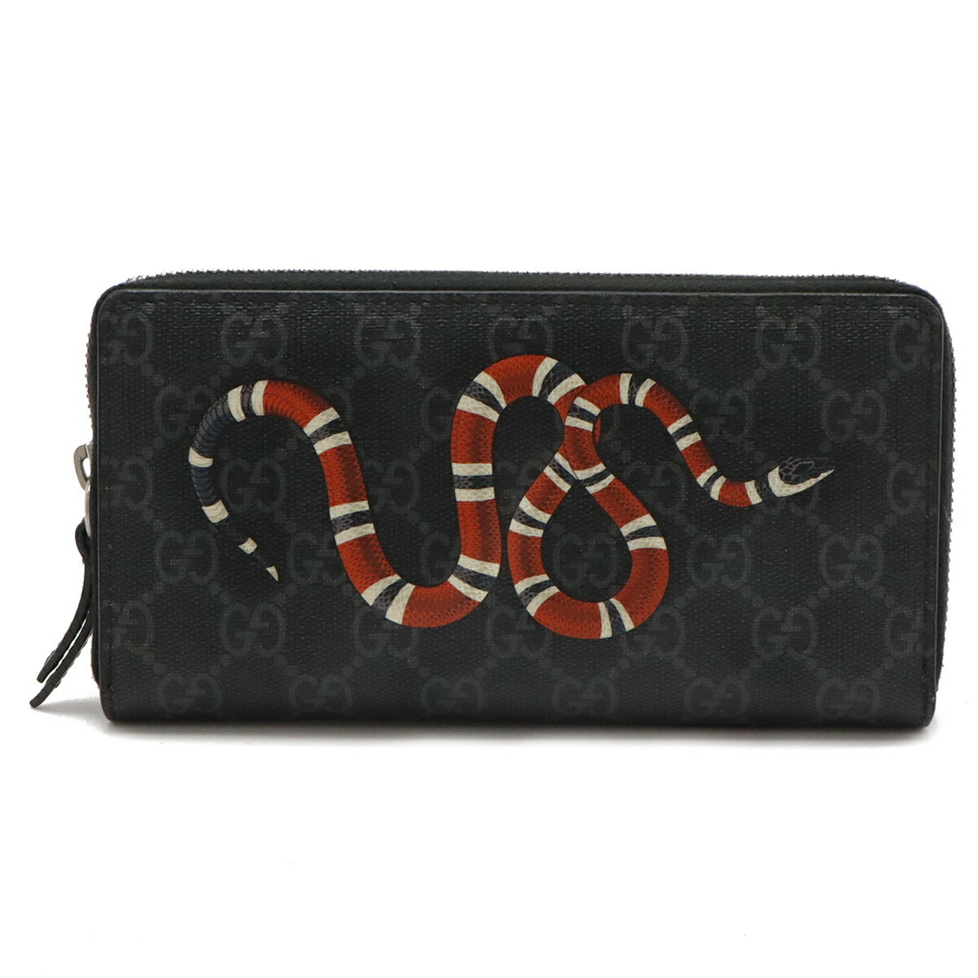 GUCCI GG Supreme Zip Around Wallet Round Long Snake PVC Dark Gray Black Red 451273