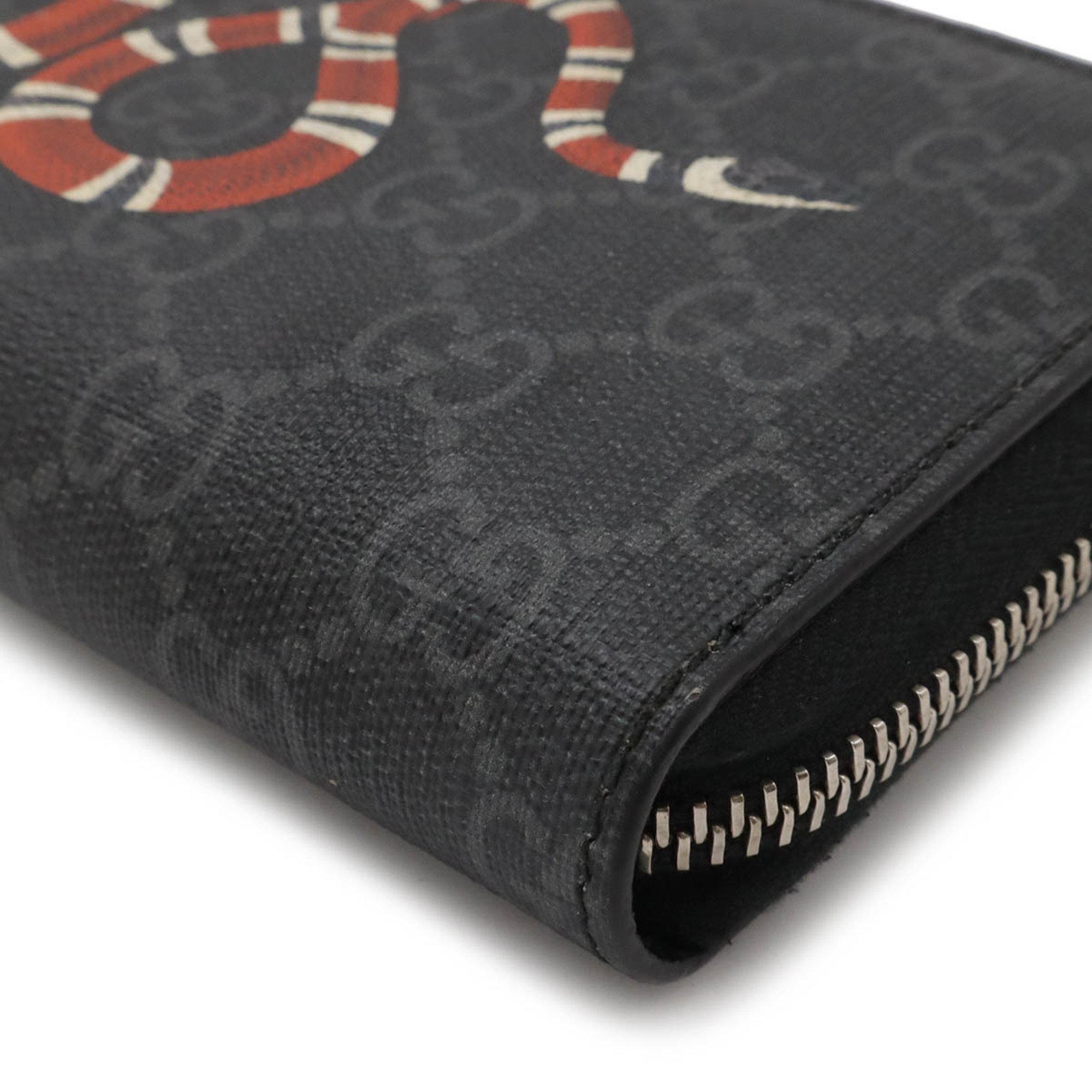 GUCCI GG Supreme Zip Around Wallet Round Long Snake PVC Dark Gray Black Red 451273